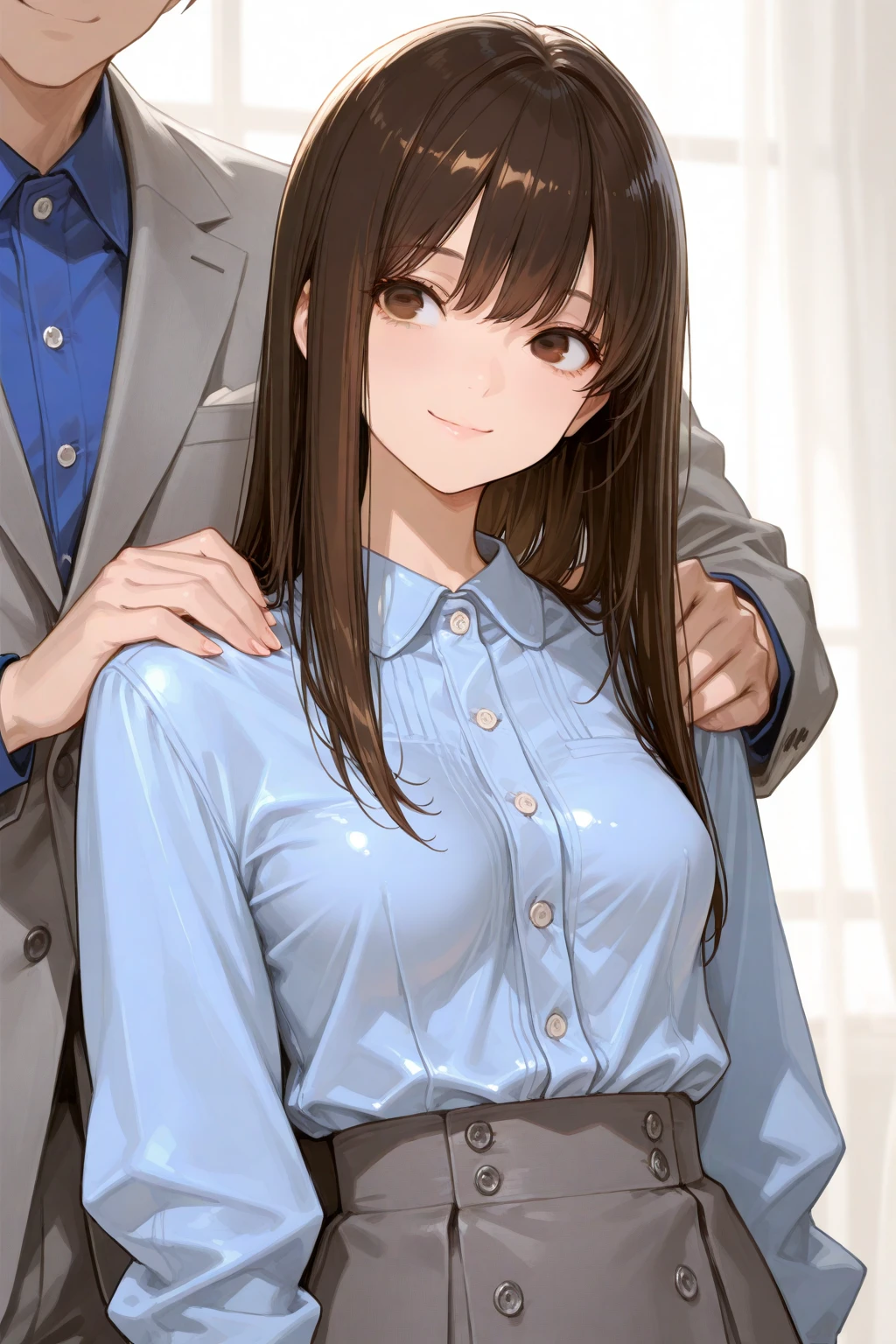 ((table top, highest quality, High resolution, perfect pixel, 4k))), 1 girl, single, alone, beautiful woman、I could see the whole body、 ((middle wave hair, bangs, brown hair)), ((brown eyes, beautiful eyelashes, realistic eyes)), ((detailed face, blush:1.2)), ((smooth texture:0.75, realistic texture:0.65, realistic:1.1, Anime CG style)), big breasts, dynamic angle, perfect body,  ((black skirt, plaid skirt)), city stairs、Looking up from the bottom of the stairs、Very embarrassing panic smile, looked back、lean forward、(The wind flipped my skirt and exposed my butt.、touch your butt with both hands)、(((transparent white shirt、pussy、no panties)))、transparent nipples、((pussyに挿入、Semen dripping from the vagina、Creampie))、(((((having sex with a man)))))、sexually seducing me