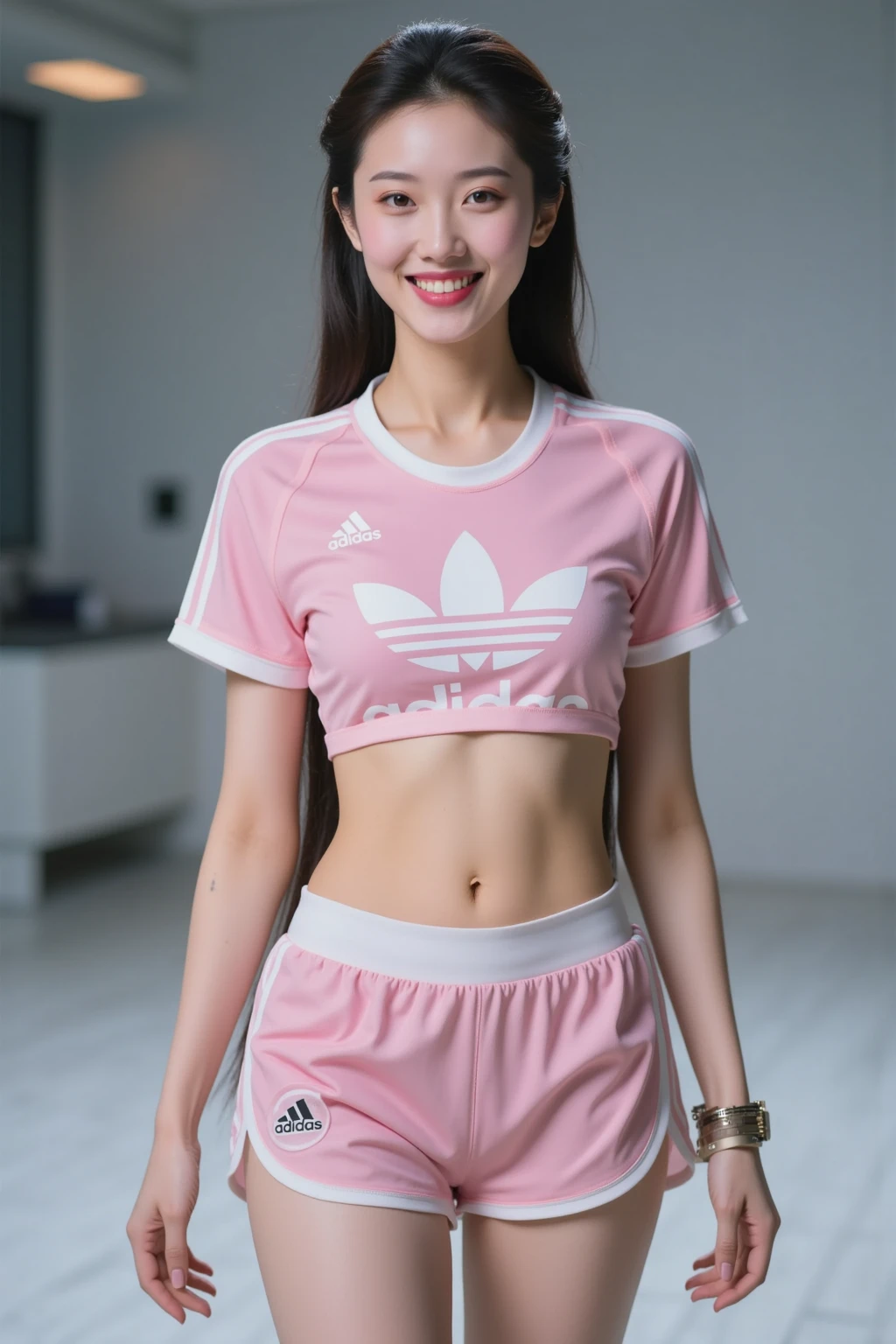 (highest quality:1.2), masterpiece,
(very cute:1.3), alone, Are standing, View your audience, Very detailed、masterpiece、highest quality、Ultra-high resolution energy A、8K High Resolution、Photogenic transparency、Detailed eyes、Gradation、Perfect anatomical figure , Nikon Z9 80mm Lens, Beautiful posture、yes、Browsing Caution、Thin eyebrows、Detailed eyes、Detailed nose、Mouth Details、Fine ears、Golden ratio face、(Curvaceous)、(Ideal ratio)、High definition eyes and feet、Long neck、eyelash、(Black Hair、Blunt bangs, Short Hair, ponytail、The forehead is hidden by the bangs:1.4)、(Big Breasts、Accentuate your breasts:1.4)、(smile、Pink lips、plump lower lip:1.4)、(A white Adidas tracksuit with the front open、White underwear is visible。, White lace underwear:1.4)