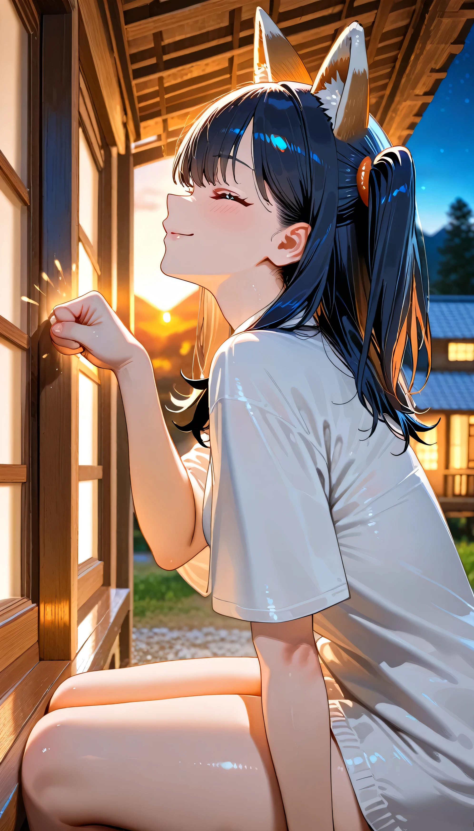 Takarada Rikka,(beautiful girl: 1.3),1girl,masterpiece, Highest quality, Ultra-high resolution,rich contrast,super high quality,8k,Highly detailed CG unit wallpaper,texture,Incredibly absurd,Ultra-high resolution,RAW Photos,Depth of Field 1.2,A village mountain with swaying silver grass at sunset,kitsune dance,((animal ears)),black hair,two side up,(from side:1.5),night,((She is knocking on the window of an old gray wooden house in Japan from outside)),closed eyes,Knocking while sitting,Dynamic lighting,happy smile,Leaning forward,Looking up,Tilt your head 