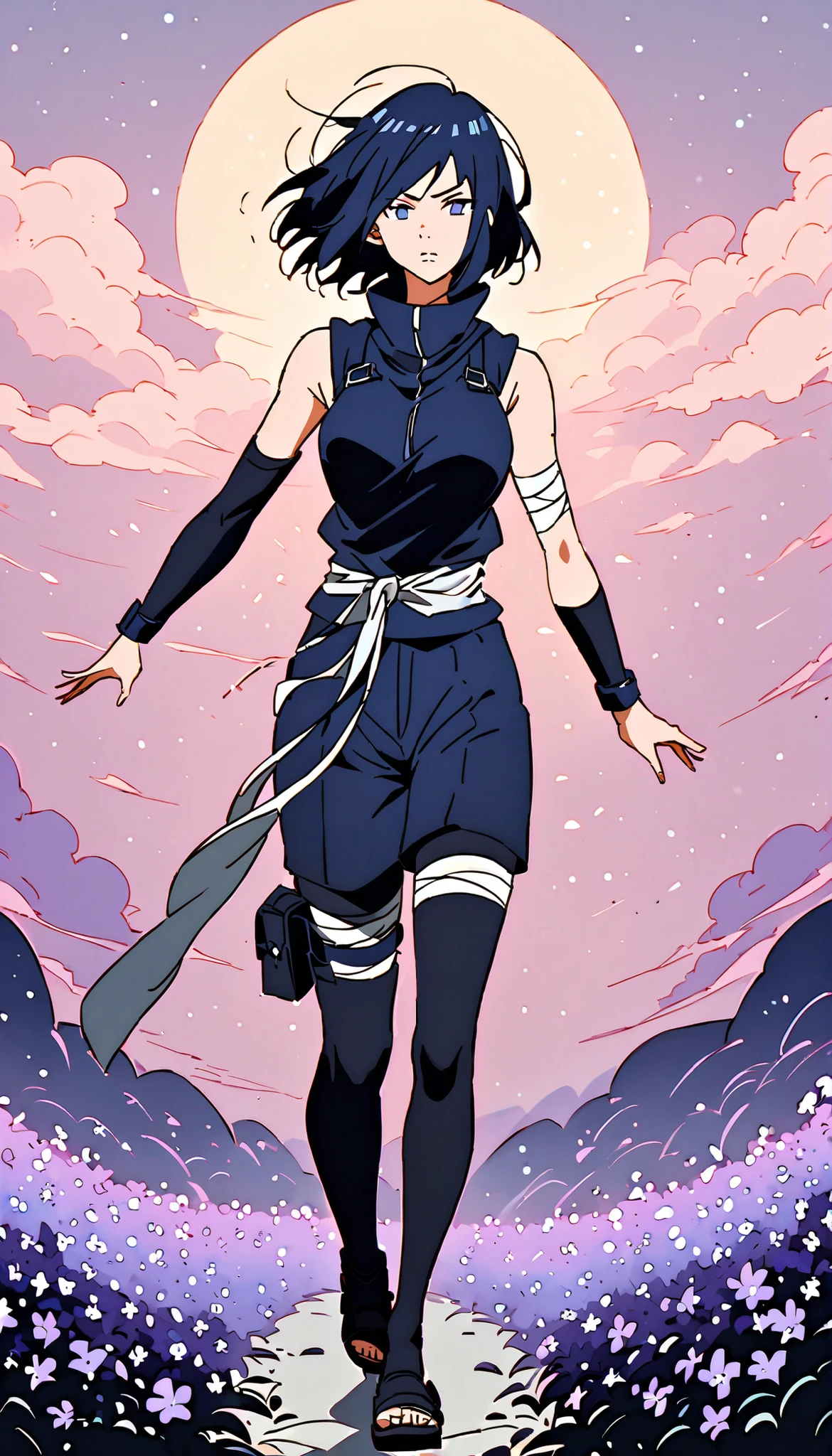 (((IZUMI NASE)))) walking confidently through a dreamy twilight field filled with violet flowers. The art style should closely match that of Naruto or similar shounen anime, with clean linework and soft shading. She has SHORT hair, and the hair color is a deep navy blue. Her outfit is a sleeveless tactical top with subtle folds, a wide waist sash, and black shorts with layered leg accessories (bandages, thigh pouch, dark ninja stockings). Her expression is calm but determined. The background is a magical dusk sky in VIBRANT gradients of green, purple, and blue, with glowing stars and gentle wind movement. Keep the same pose as the reference image: one hand loosely clenched, the other relaxed, as if walking forward with purpose. Include flower silhouettes and sparkles around the character. Full body, centered, clean background, no watermark.