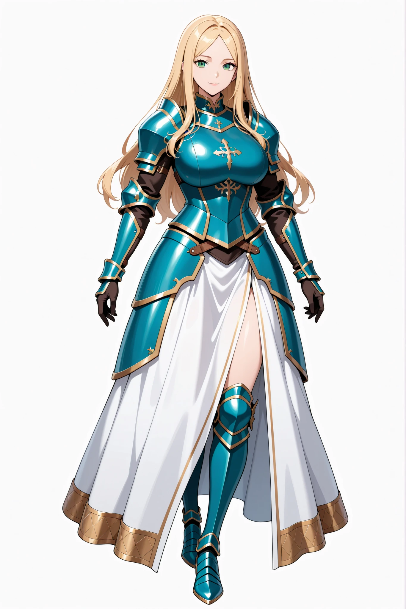 1girl, blonde hair, long hair, parted bangs, green eyes, athletic, voluptuous, armored dress, light smile, full body, white background 