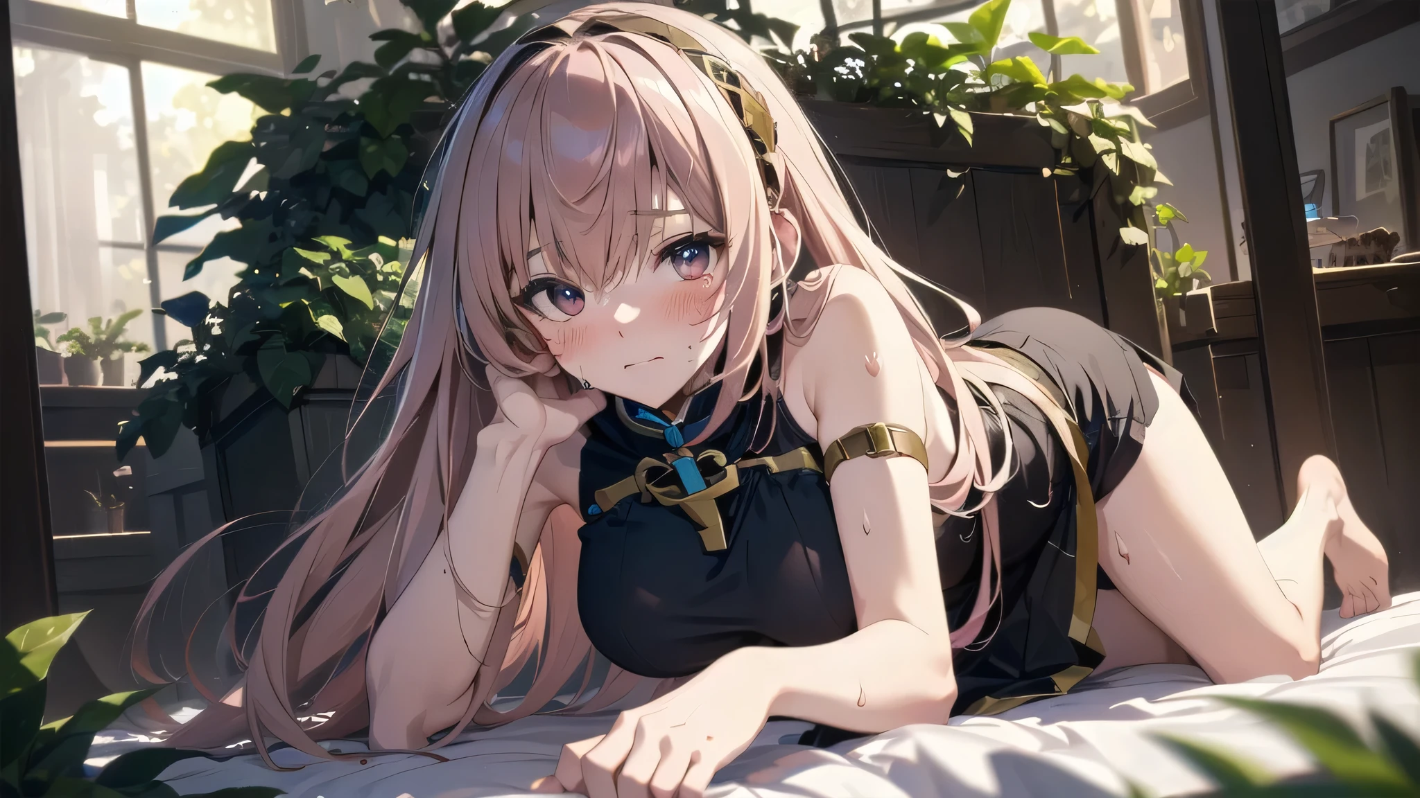(masterpiece,Best Composition,Depressed Illumination,top quality,Super Detailed),best shadows,Rim lighting,perfect composition,(solo,Megurine Luka:1.5),glamorous body,pink long Hair,beautiful big eyes,look at here,shy,(Blushing,Sweating:1.3),big breasts,brown long skirt,((on all fours,Place elbows on the canopy bed,Lift hips a little,tilt head:1.5)),pink room,houseplants