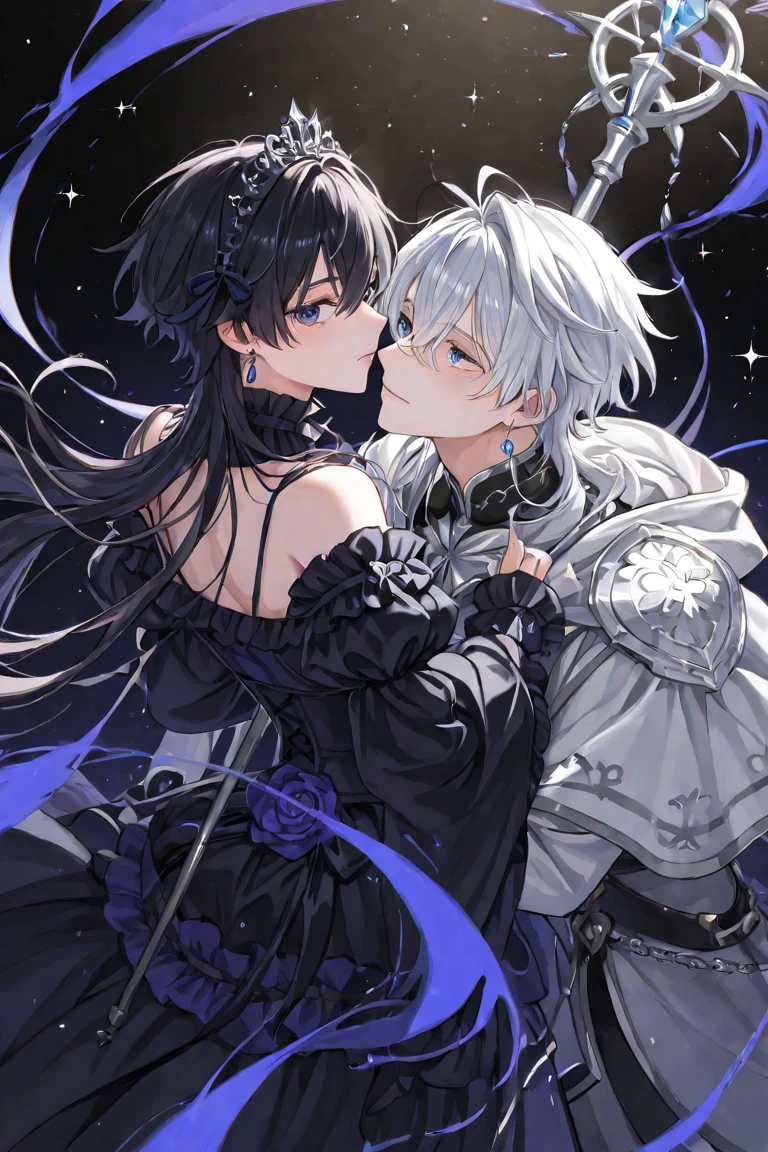 Black haired girl with purple eyes who have dark magic and she was a bride with a demon prince carrying her bridsl style and he had white hair with turquoise eyes