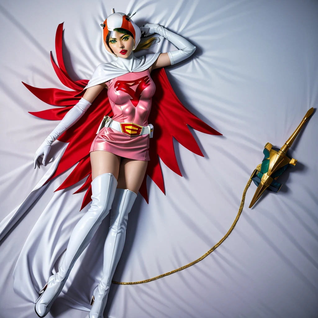 ANI_CLASSIC_jun_gatchaman_ownwaifu,1girl, 16 years old,good anatomy, masterpiece, best quality,realistic, hyperrealistic, 16k hdr, long hair,breasts,green eyes,lips,large breasts,lipstick,makeup,gloves,cape,helmet,belt,elbow gloves,white gloves,mask,ultra miniskirt,leotard,spacesuit,white tight overknee highheels boots,pink dress,superhero,bodysuit,cleavage,erected nipples,(lying flat poses, view from above),cameltoe