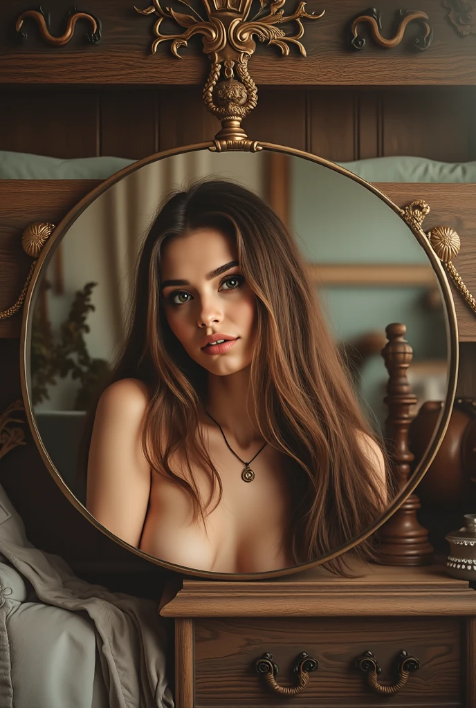 (masterpiece) situation in the bedroom in front of the mirror, 1 woman looking at herself in the mirror, your back to me, beautiful ass, an ethereal and beautiful Hugo Boss model from the 1940s., Beautiful painting with a very detailed face by Alphonse Mucha., Craig Mullins, Greg Rutkowski, Magali Villanueva, (Without clothing), You can see the body up to the knees, view from waist level, woman with arms raised above her head straightens her hair, (стоит your back to me:1.5), in the mirror the reflection of this woman is facing me, luxurious bedroom and interior