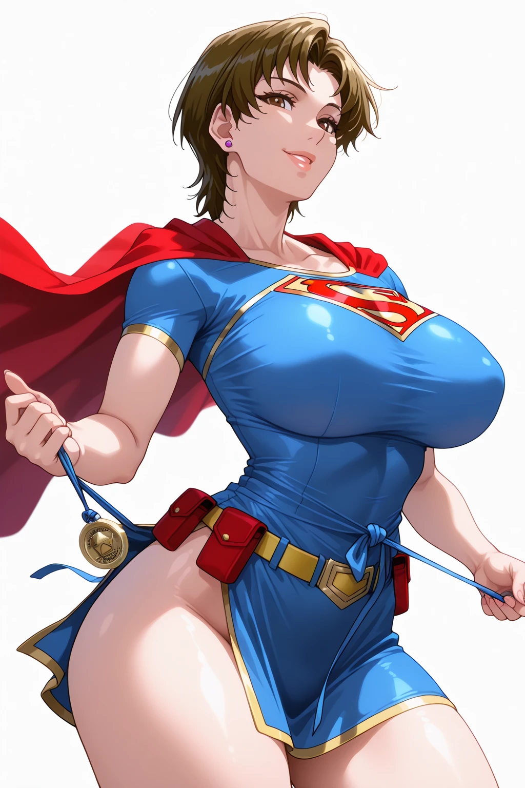 1gril,Woman body set big breasts,Supergirl costume dress,Cut clothes,Close-up,Off-the-shoulder attire,Charming,perfect bodies,the street,nabel,brunette color hair