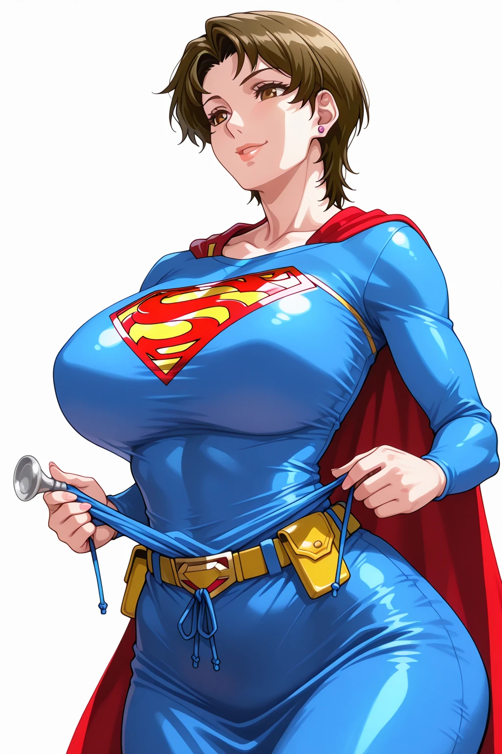 (masterpiece, best quality:1.2), lois lane (my adventures with superman), solo, 1girl, black hair, brown eyes, earrings, ((short hair, SUPERMAN SUIT, dark blue bodysuit, red cape, supergirl, (Super girl suit:1.5),Jumpsuit,(huge breasts,Big ,Big breasts:1.3))) large breasts, couch, looking at viewer, standing, open mouth, smile, street, on side, indoors,,(big muscular female bodybuilder),(oil painting,high-res),(sweating,flexing muscles,six-pack abs),(best quality,professional,vivid colors),(strong, powerful),(studio lighting,dramatic shadows),(realistic).