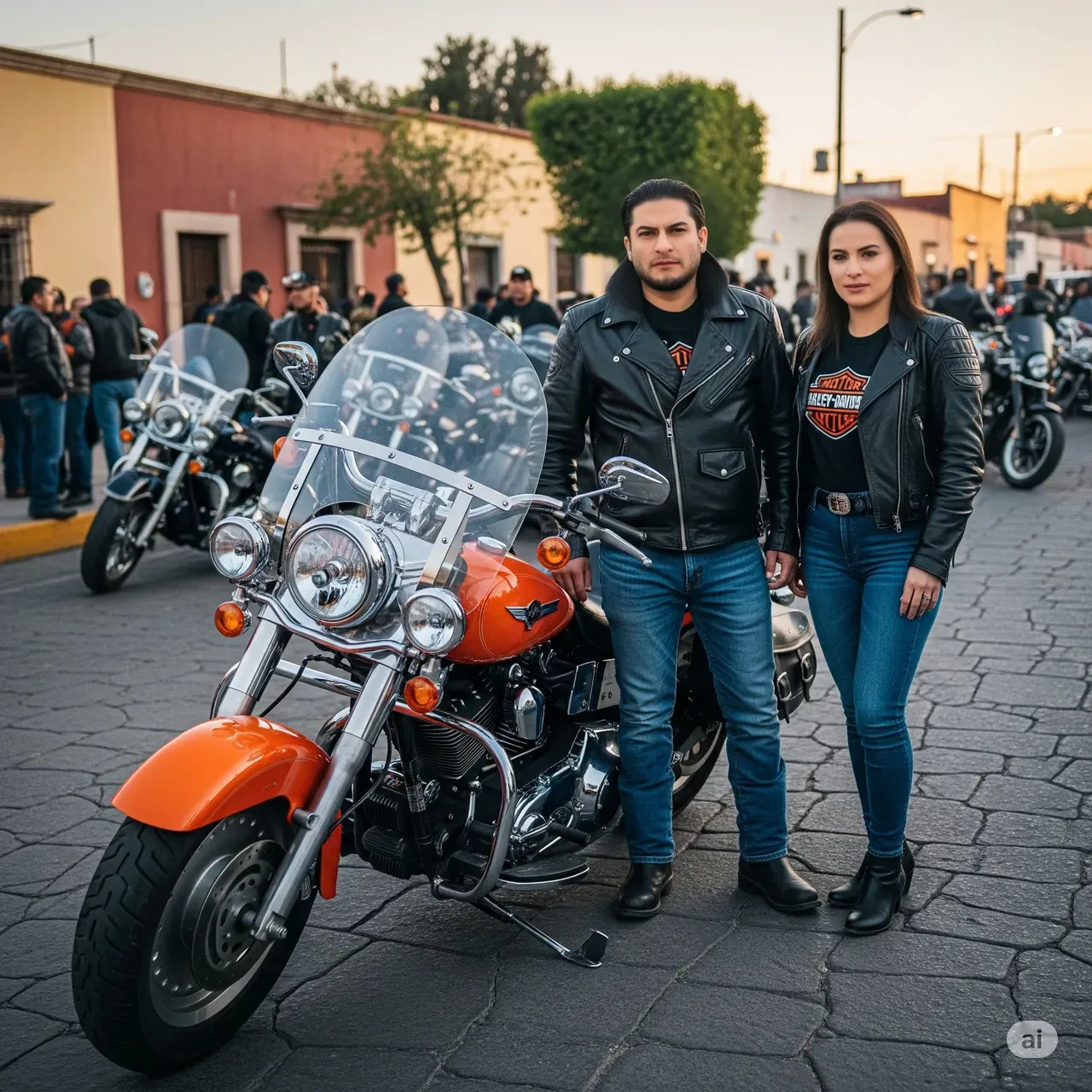 Couple, A chubby man, oval face, wearing Black leather jacket , Wear jeans, wear black shoes, is in a Highway,, with an aesthetic view, clear white lighting, is standing, smiling, Behind him is a Red Harley-Davidson motorbike and Next to him is his wife wearing a red hijab, wearing a black leather jacket, wearing jeans, wearing shoes