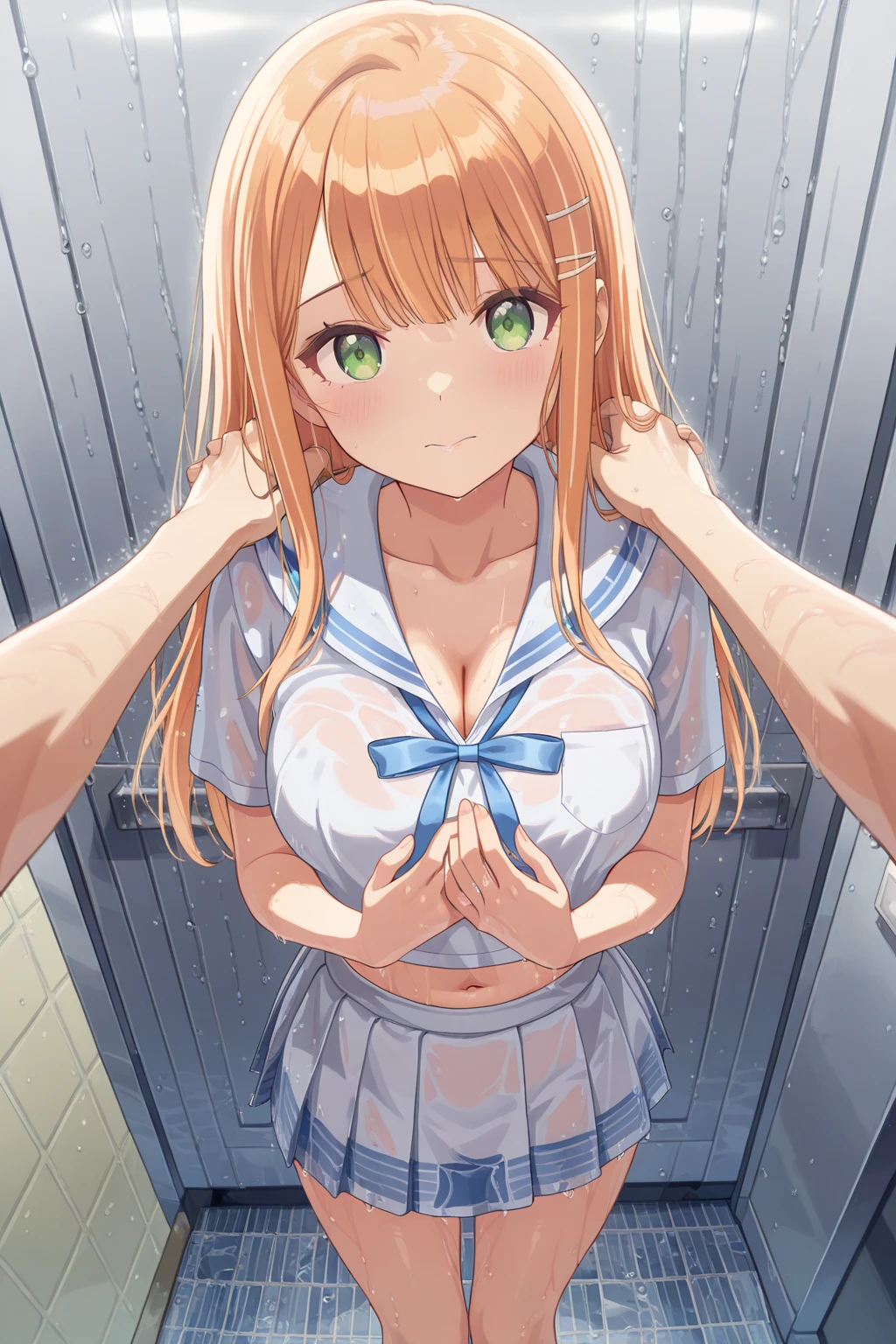 Highest quality, Super detailed, masterpiece, Ultra-high resolution, 8k, High Contrast, Cowboy Shooting, Embarrassing, blush, Lovely, With tears in her eyes and her mouth open, drooling, wet, soaked, Light blue striped underwear, arms behind head, wariza, [1girl, kousaka kirino, ore no imouto ga konna ni kawaii wake ga nai], medium breasts, (off-shoulder school uniform), cleavage out, crop top navel, Waistline, (Shower room, I take a shower), from above