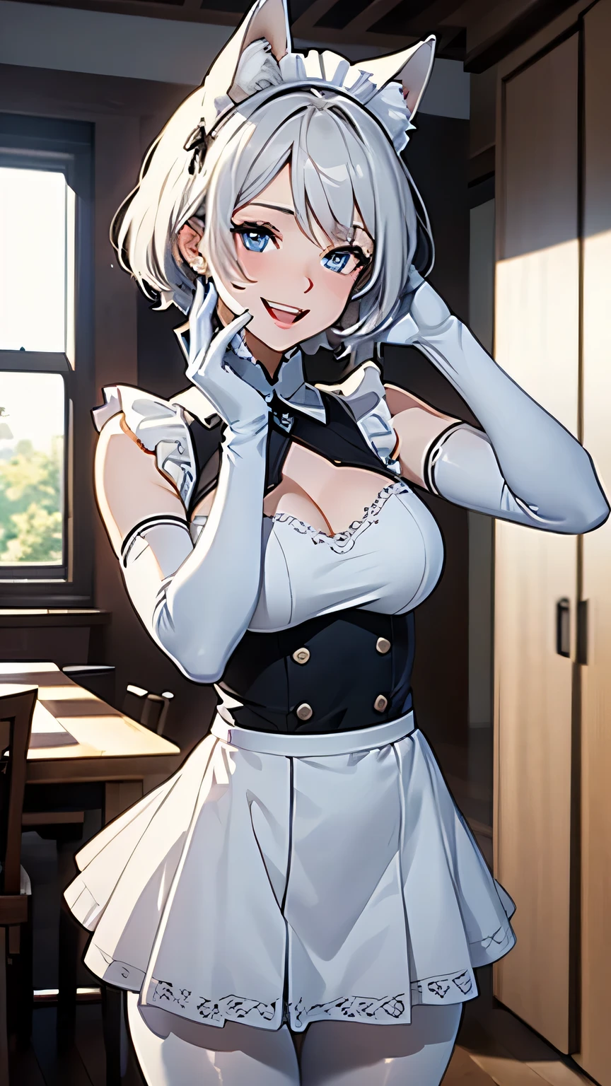 a cheaper and useful girl, deep blue silk Texture maid siut design: short skirt, Waist cincher, Lantern sleeves, all fours on the floor, see ants, smart smile, kitchenscape, Stylish short hair fresh, twin Braids near ears, silver hair, orange-pink eyes