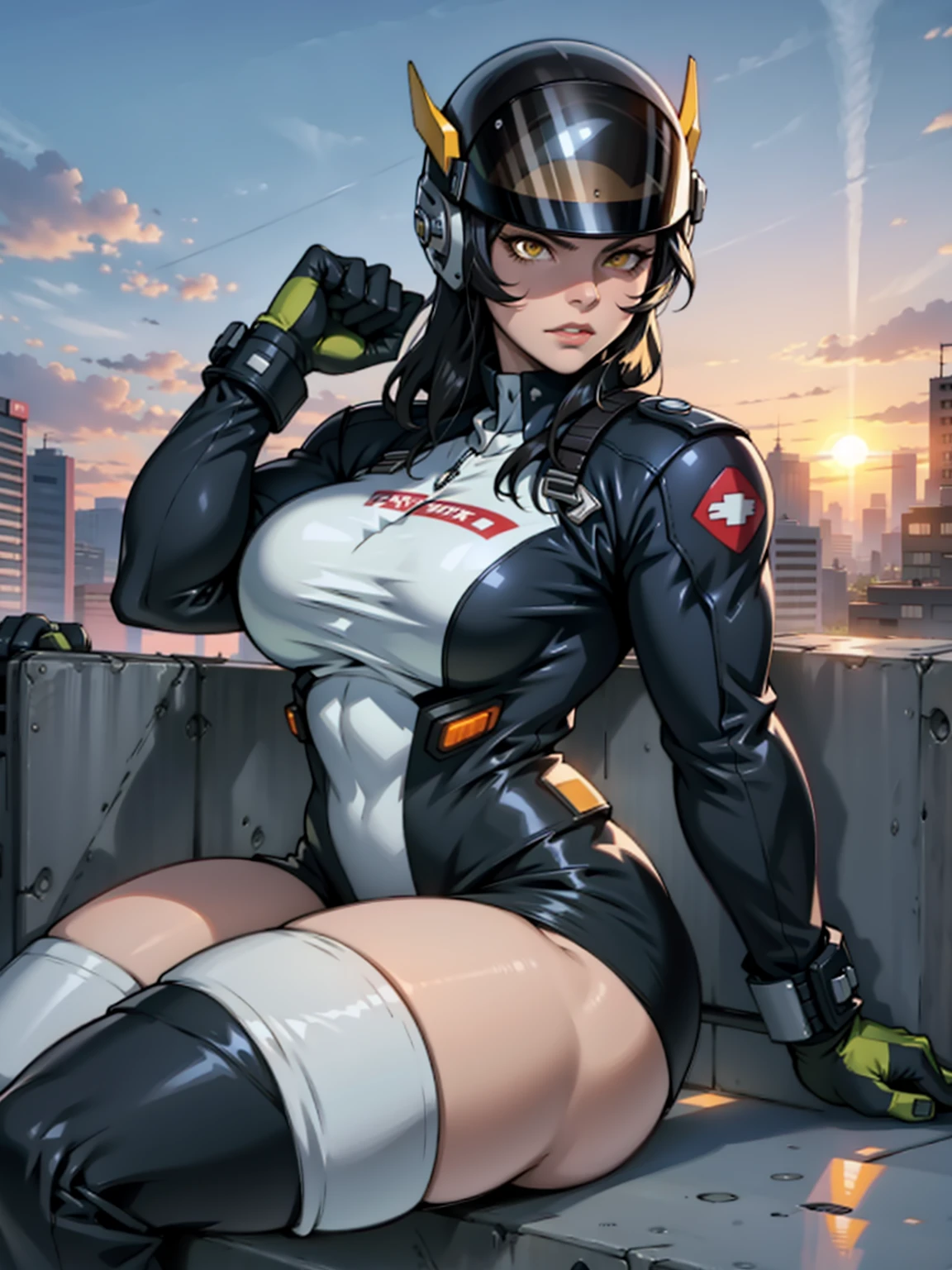 photo of mlp Meowko, RAW, beautiful woman, ((portrait)), (clear skin, glossy, clear skin), (full helmet with tinted visor: 1.55),  (perfect proportioned body, Strong, muscular, narrow waist, narrow hips, skinny, large breasts, cleavage), arched back, (revealing clothes, wearing, tinted motorcycle helmet, cropped leather tunic , leather shorts, van braces, boots with shin guards, hair clip), (city balcony, midnight city, stary sky), (realistic photo, best quality, detailed), (8k wallpaper), (cinematic lighting, beautiful light, (night:1.3)) (sharp focus, intricate)