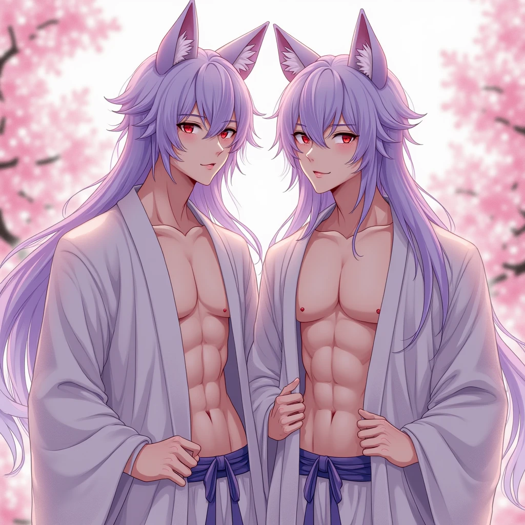 art style of mo dao zu shi hybrid character with wolf ears,masculine and dominant gender, Short White Hair, purple raven iris eyes,pale skin,mature appearance and pale body, thin and delicate. Do it in a wooden bathtub with hot water with a smile wearing underwear