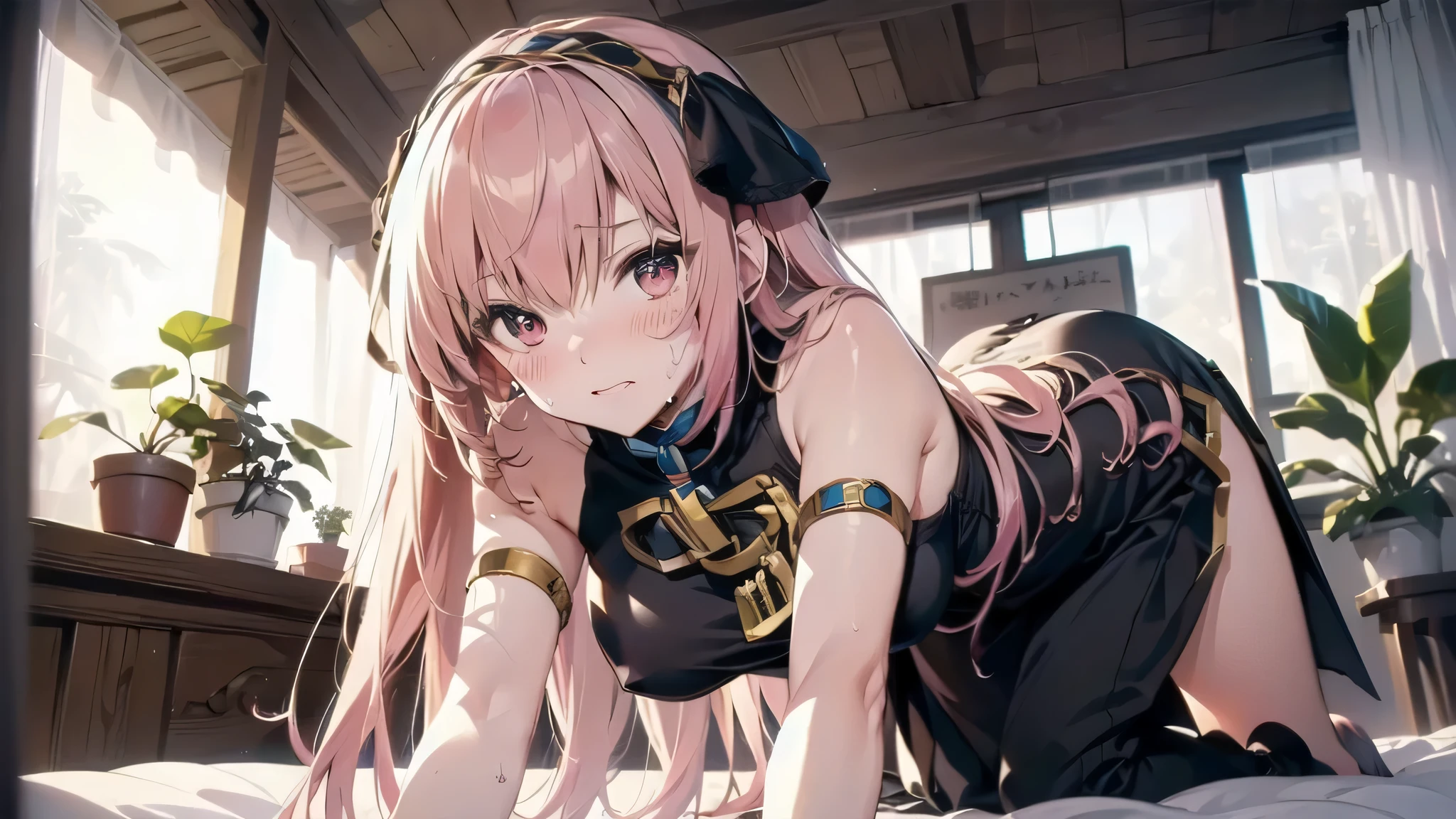 (masterpiece,Best Composition,Depressed Illumination,top quality,Super Detailed),best shadows,Rim lighting,perfect composition,(solo,Megurine Luka:1.5),glamorous body,pink long Hair,beautiful big eyes,look at here,shy,(Blushing,Sweating:1.3),big breasts,brown long skirt,((on all fours,Place elbows on the canopy bed,Lift hips a little,tilt head:1.5)),pink room,houseplants