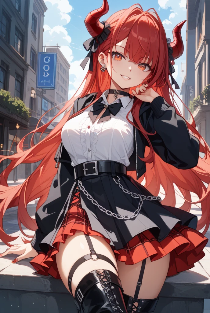 ((masterpiece,best quality)),1girl, long hair, red hair, solo, dress, red eyes, looking at viewer, long sleeves, standing, building, white dress, gloves, hair ornament, black jacket, smile, floating hair, dutch angle, closed mouth, looking away, outdoors
