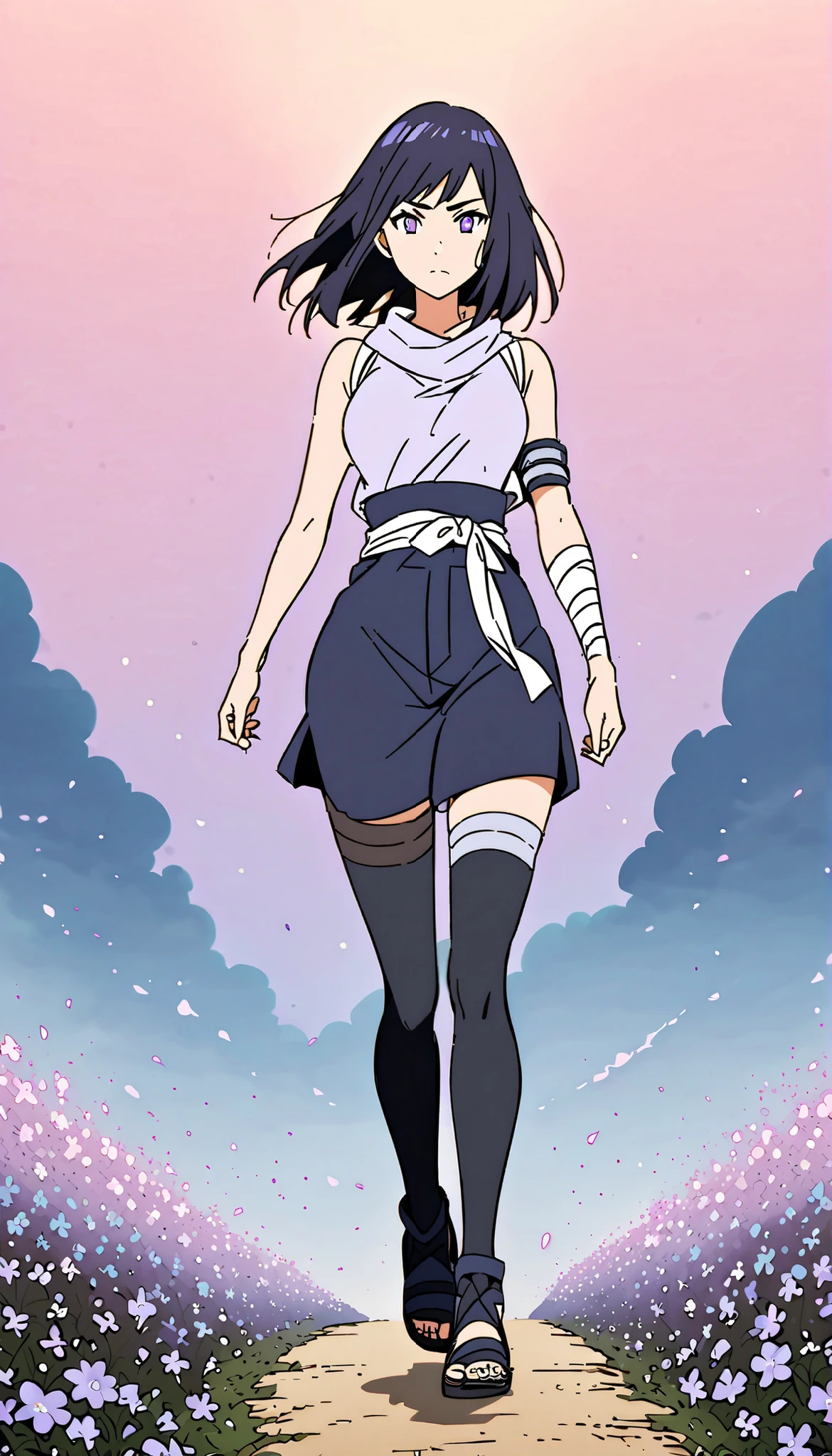 Anime girl walking confidently through a dreamy twilight field with purple flowers. She has short-length navy dark hair in a long layered cut with long side bangs (no fringe). Her expression is calm and determined. She's wearing a sleeveless tactical-style top with a wide waist sash, black shorts, leg bandages, dark thigh-high ninja stockings, and ninja sandals. One hand is loosely clenched as she walks, the other relaxed. Background features a magical dusk sky with soft pastel gradients (pink, purple, blue), sparkling stars, and silhouettes of flowers. Clean anime line art, Naruto-style design, soft shading, full-body centered character, dynamic wind effect in hair and clothes. No watermark, no extra objects.