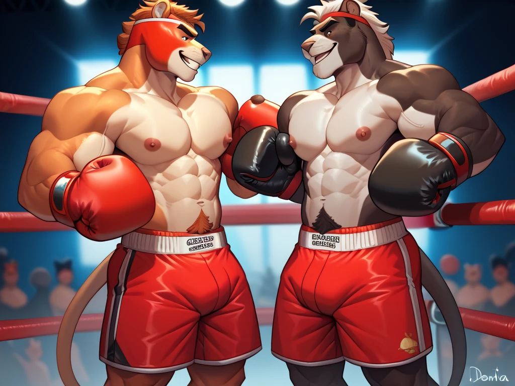 “((Masterpiece)), realistic style, ultra-detailed, high-quality, two anthro lions with muscular builds wearing boxing gloves and trunks, locked in a clinch inside the ring, struggling with exhaustion, coated in sweat and showing signs of fatigue.”