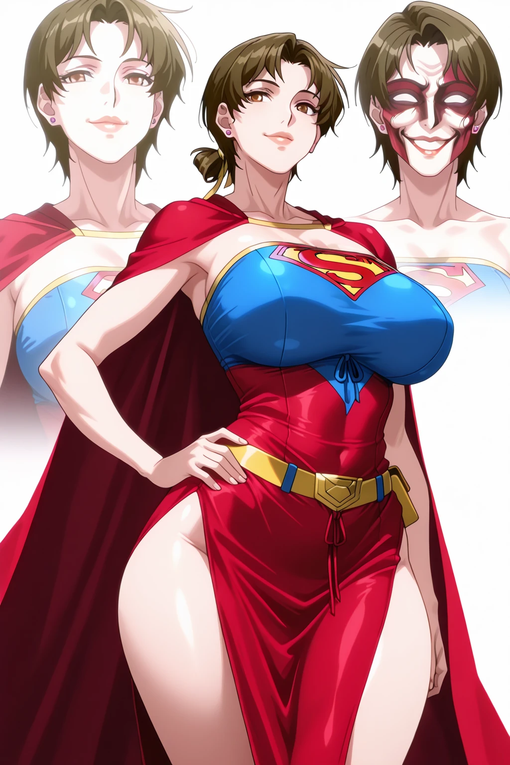 (best quality, masterpiece),(porno magazine cover),(a 50yo superhero milf),(naked),(wrinkle:1.3),(heavy makeup:1.3),(hero midriff peak costume,hero glove,body jewelry),(oily white skin:1.3),earring,(huge sagging breasts:1.4),(ecstasy smirk,blushed),(arms behind head:1.1),(cum in pussy),(absurdres:1.4),(pop design cover),photorealistic,(surrounded by a lot of penis)
