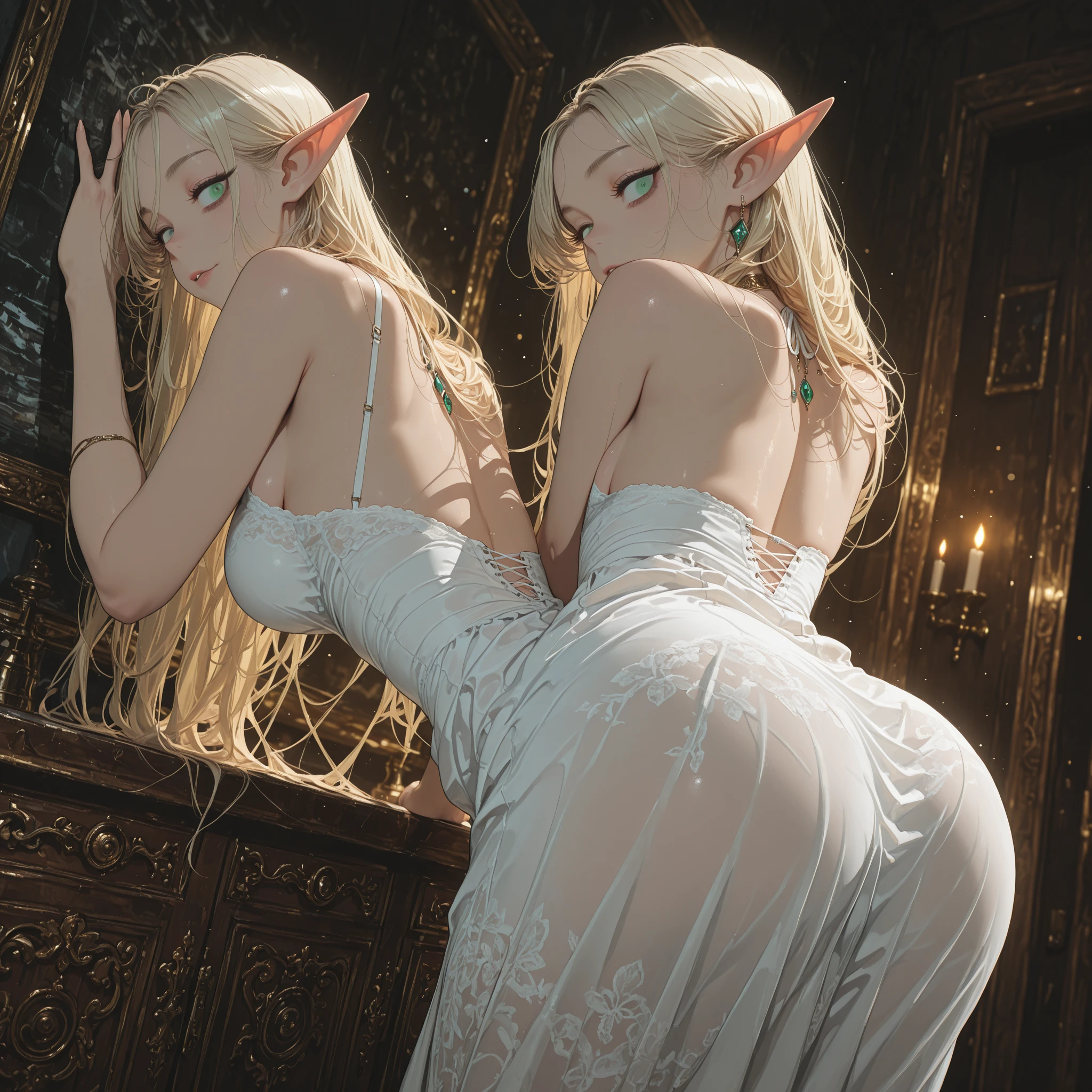 (Masterpiece - Ultra-Detailed, High Resolution) ]sexy elf young belly dancer, very big breasts, white liingerie, sexy see-through underwear with lace, Beautuful Women, happy face, gray hair, lying on the bed,lying on your back looking naughty, looking back, 1 girl