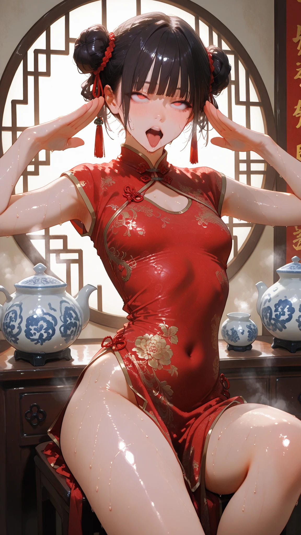 red hair,Yang Guifei is dressed in a luxurious and elegant traditional Chinese robe with intricate patterns, flowing sleeves, and rich colors such as red, gold, and jade green. 20 year old Beautiful girl, masterpiece, best quality, ultra detailed, blush, ((pubic hair)),(legs spread),pussy, (((((peeing))))), (((squat))),(legs apart),(pubic hair), ((((energetic urine)))),(closed eyes), Royal Toilet,