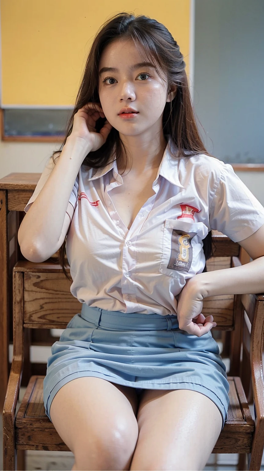 Masterpiece , Adorable , Best Quality , Beautiful 18 Years Old , Large Colossal Breast , Cleavage , (White High School Uniform) , (Blue High School Skirt) , Kayes , Sit On Table In Classroom , Take Selfie , ((Face Focus)) , Extreme Detailed , EF 24-70mm f/2.8L II USM Lens , Front Facing