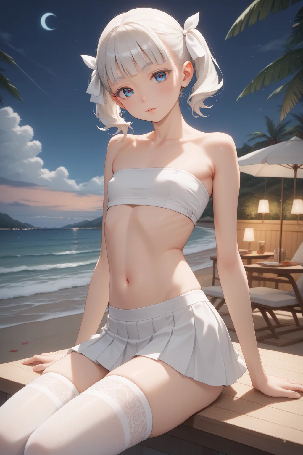 masterpiece, best quality, ultra detailed, highres, extremely detailed CG unity 8k wallpaper, perfect lighting, very detailed background, Outdoor、beautiful and aesthetic,sharp focus, perfect face, Perfect hands、Perfect Fingers、Perfect toes、Five fingers、
1lady、 smiling、
short white hair, large blue eyes、delicate oval face、(flat chest:1.9)、Underlim figure、underboob、
Purple triangle bikini、Seaside、(Sandy Beach:1.3)、Sunset、Sunset、
thin thong、barefoot、Sitting、View your viewers、
Ambient light、Volumetric Light、shoot from side、(Glowing Skin:1.7)、