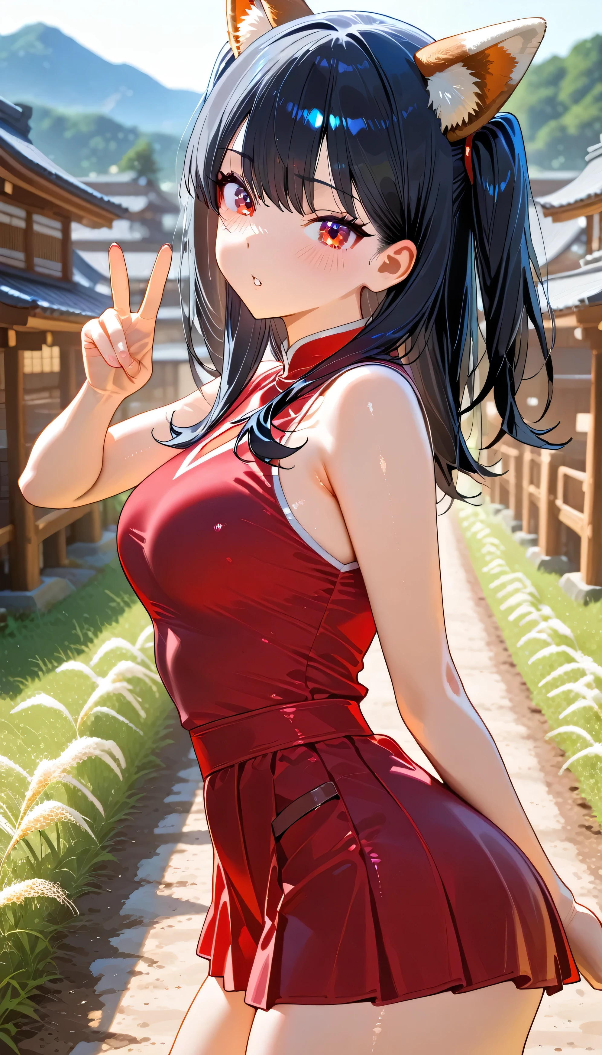 Takarada Rikka,(beautiful girl: 1.3),1girl,masterpiece, Highest quality, Ultra-high resolution,rich contrast,super high quality,8k,Highly detailed CG unit wallpaper,texture,Incredibly absurd,Ultra-high resolution,RAW Photos,Depth of Field 1.2,A village mountain with swaying silver grass at sunset,kitsune dance,animal ears,black hair,red eyes,two side up,(from side:1.5)