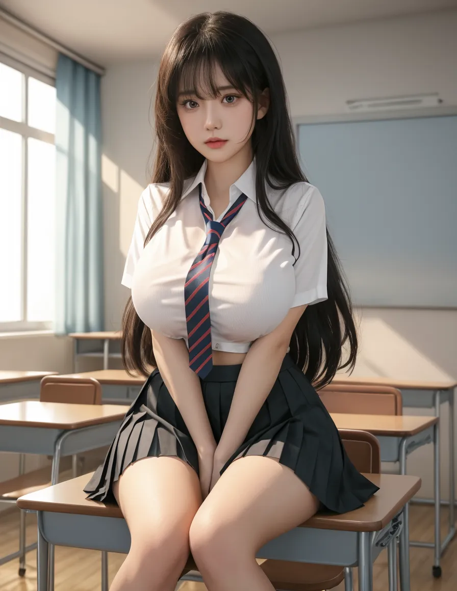 ((NSFW:1.7,realisitic)), masterpiece, top-quality, The ultra -The high-definition, Top resolution, ighly detailed, profetional lighting、pretty skin、A slender, ((Colossal tits:1.1))、1girl in, age19、red blush, embarrassed from, female focus on, Light brown medium ponytail, Look at viewers, barechested、(Real High School Girl Uniform、Chest out、No pants),((Sit on a school chair、Hands behind your back、Opening legs、Spread your legs apart)),