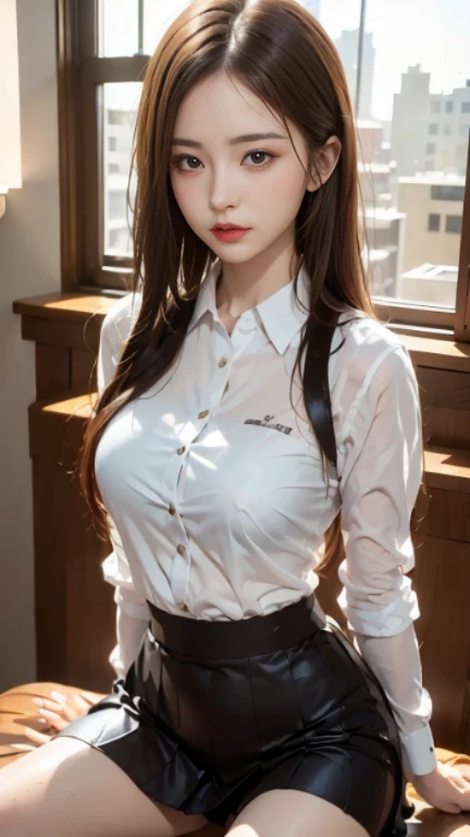 (Best quality, high resolution, Masterpiece :1.3), one pretty woman,
Against the background of orange sunset sky，Clouds and the sun sink into the sea, Sitting in a school uniform was a beautiful high school girl. Her hair is light brown, It is medium Bob style. She wore a white shirt and pleated skirt as part of her uniform. She sat with her legs apart, Her eyes were glued to the camera. Create this scene from a low-angle shot.