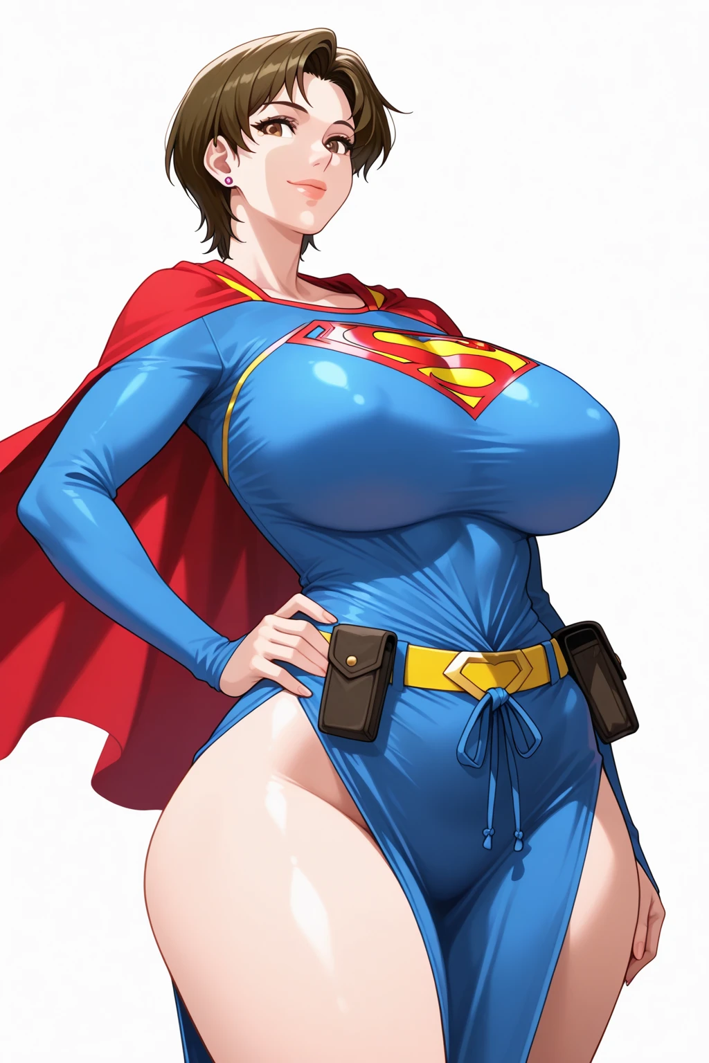 A supergirls girl beautiful sexy big breast black hair short cut her blue eye pink lip she dresses blue blouse tied knot shows navel and a red skirt red heels black gloves 