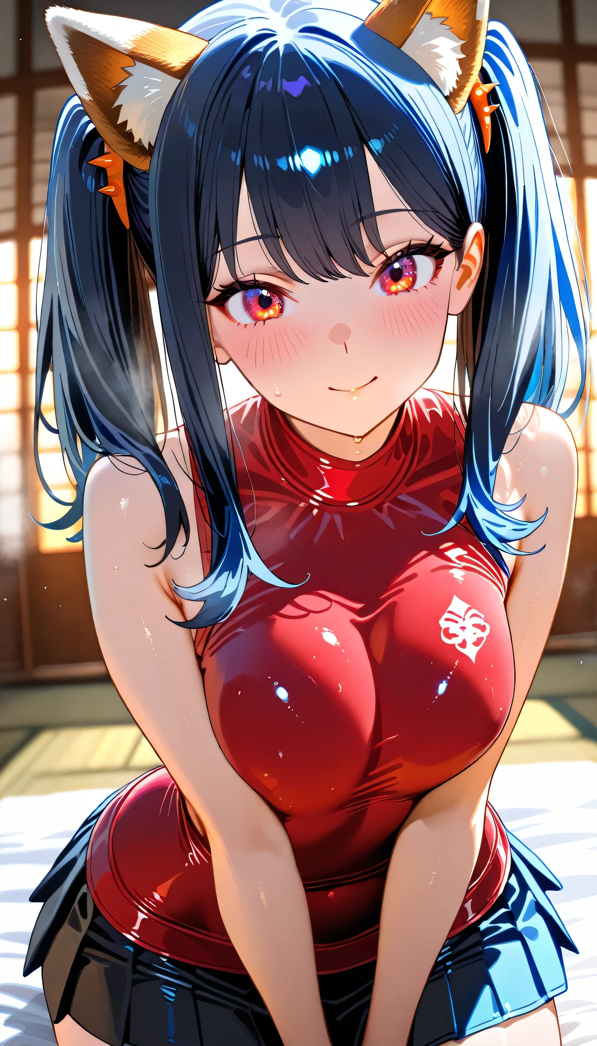 Takarada Rikka,(beautiful girl: 1.3),1girl,masterpiece, Highest quality, Ultra-high resolution,rich contrast,super high quality,8k,Highly detailed CG unit wallpaper,texture,Incredibly absurd,Ultra-high resolution,RAW Photos,Depth of Field 1.2,A village mountain with swaying silver grass at sunset,kitsune dance,animal ears,black hair,red eyes,two side up,Dynamic lighting