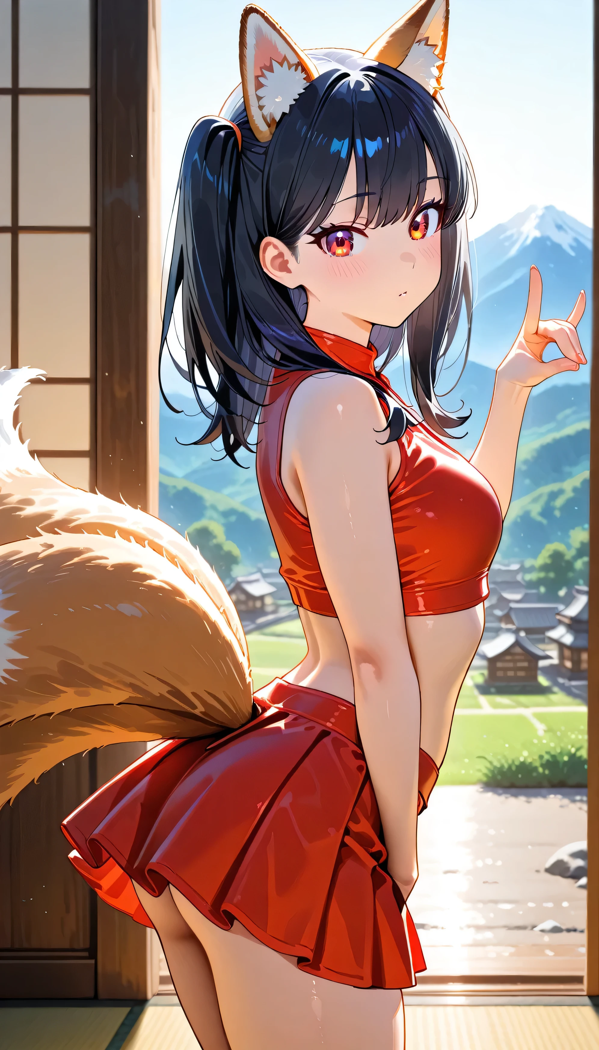 Takarada Rikka,(beautiful girl: 1.3),1girl,masterpiece, Highest quality, Ultra-high resolution,rich contrast,super high quality,8k,Highly detailed CG unit wallpaper,texture,Incredibly absurd,Ultra-high resolution,RAW Photos,Depth of Field 1.2,A village mountain with swaying silver grass at sunset,kitsune dance,animal ears,black hair,red eyes,two side up,Dynamic lighting