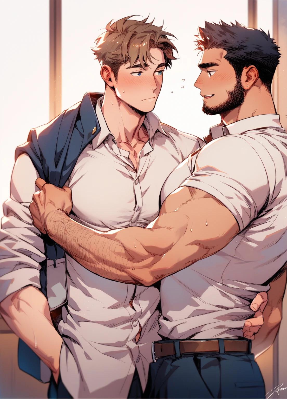 Anime, redneck, 3boys, homoerotic, satisfied facial expression, stubble, blushing nervous, intimate sexual mentoring, [An environment with wabi-sabi trends and furniture made by famous designers|A landscape with Dark Colors]