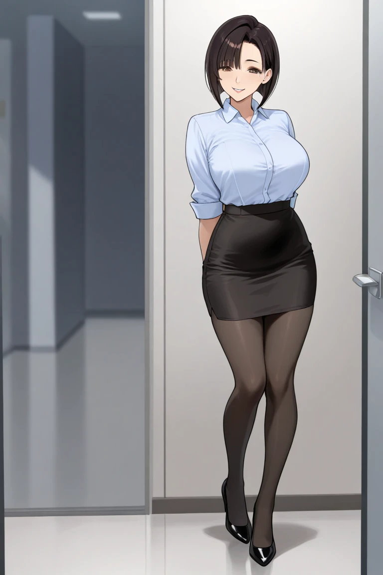 <lora:sexNoteStyleLora_v1:.25>, masterpiece, best quality, 1girl, solo, breasts, close-up, mature female, blue hair, middle part hair style, short hair, forehead, business suit with cleavage and bra reveal, short skirt, black pantyhose under skirt, plump, thighs, large breasts, bent over, erotic, looking back at viewer, huge ass, big butt, immersive,