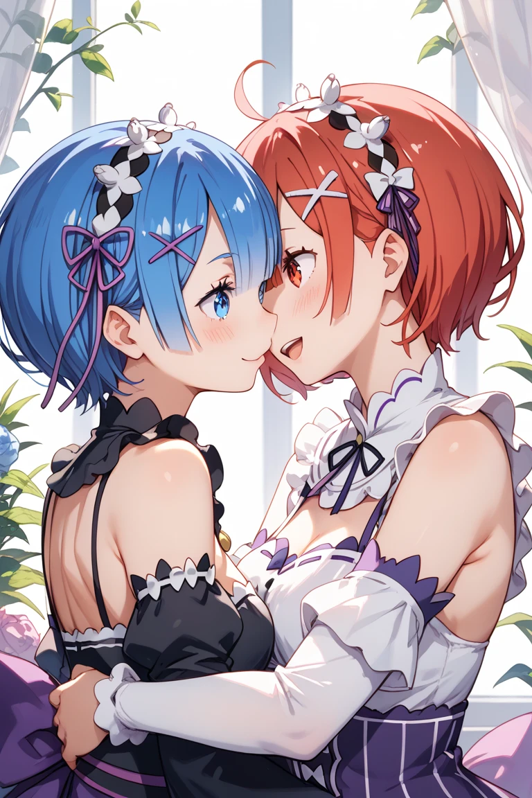 masterpiece,best quality,very aesthetic,absurdres,portrait,outdoors,manor,romantic sea of flowers,warm moment,romantic,anime screenshot,(affectionate kiss:1.4),
BREAK
1girl,rem \(re:zero\),re:zero kara hajimeru isekai seikatsu,hair ornament,breasts,short hair,maid,roswaal mansion maid uniform,blue hair,hair over one eye,detached sleeves,ribbon,
BREAK
1girl,ram \(re:zero\),re:zero kara hajimeru isekai seikatsu,hair ornament,breasts,short hair,maid,roswaal mansion maid uniform,pink hair,hair over one eye,detached sleeves,ribbon,
