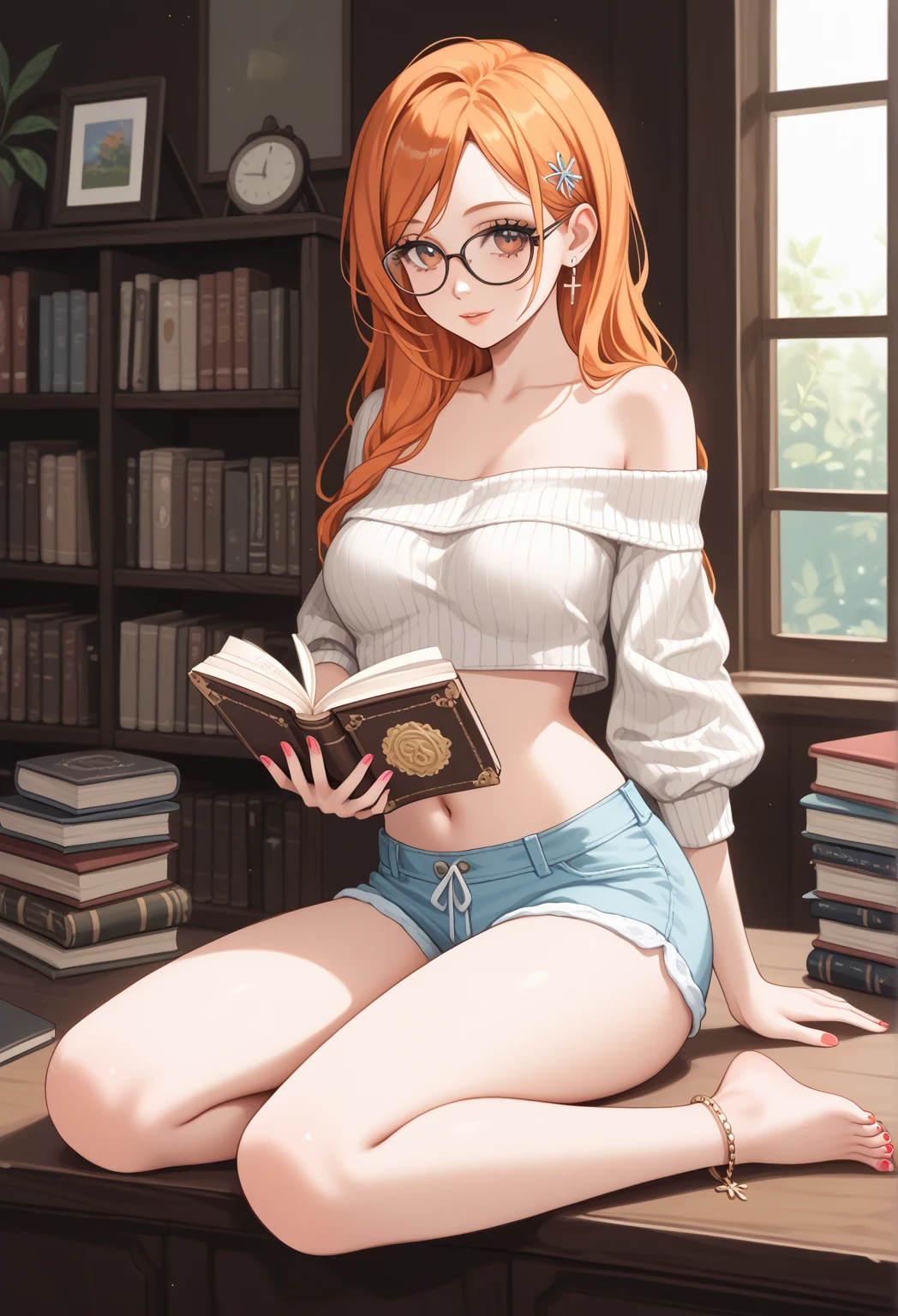 Arafed woman in sundress looking through books,  wearing summer dress and glasses, in a libarary, vestindo jaleco e blusa, usando jaleco, beautiful redhead girl, looking straight forward, background = library, full res, The camera is filming the student on one side, (topless:1.4), (unbuttoned:1.3), sexy, (small breasts:1.3)