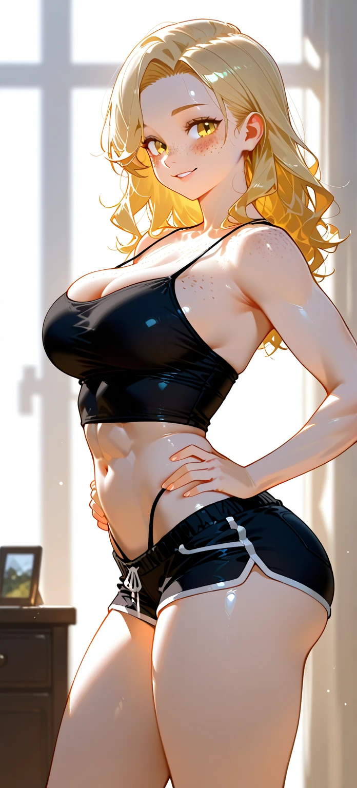 ((((masterpiece, best quality, high resolution)))), Extremely detailed 8K, Beautiful girl with voluptuous body, (Ultra HD, Ultra-detailed, Highly detailed, Highly realistic, Ultra-realistic, photograph realistic), (1girl:1.5), (Realistic blonde hair), (long wavy hair, hair ornaments, earrings), (dynamic poses), facing at camera, looking at viewer, (blushing red, embarrassed, smile), (red eyes, sharp eyes), (large perky breasts:1.2), (beautiful detailed face, beautiful detailed eyes), ((black sports bra, black yoga pants)), (arms tattoo), (stretching up), sweat, glow, (sunbeam, sunlight), ((cowboy shot)), bedroom, seductive