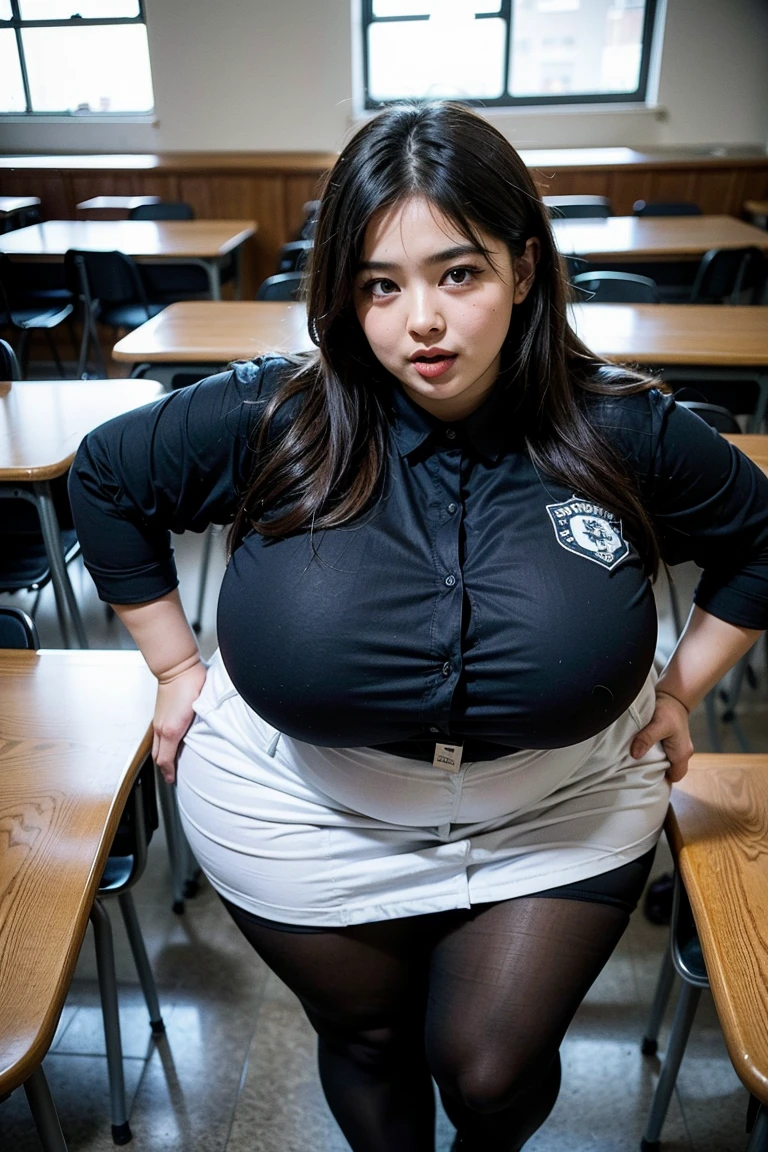 Sexy bbw full body pose showing off her huge ass and huge tits in school