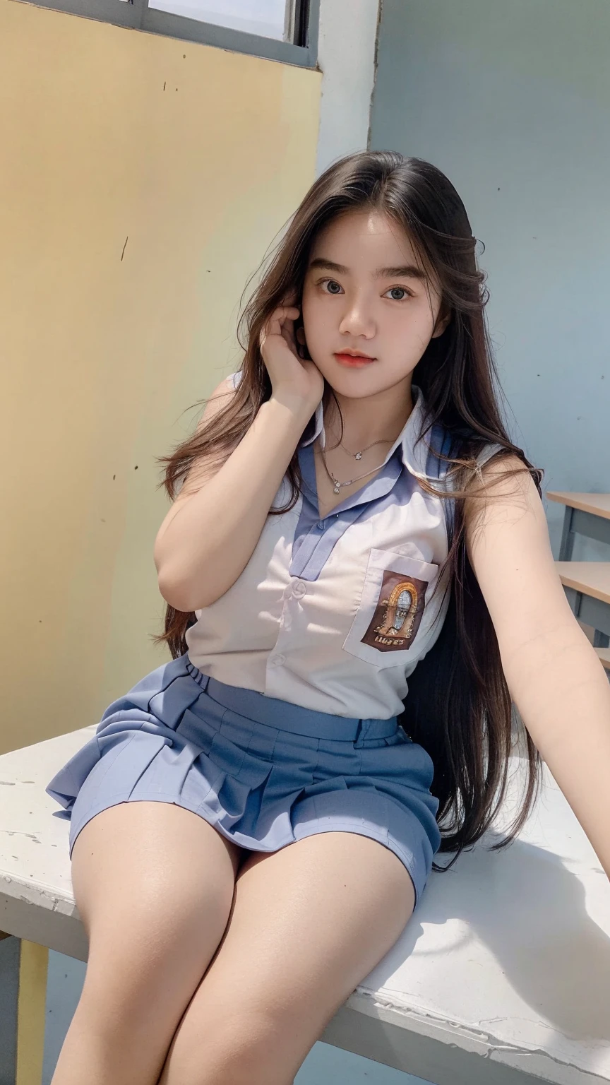 Indonesian face girl, wear skirt, Girl sitting on chair, open crossing leg, seeing panties on skirt, visible white panties