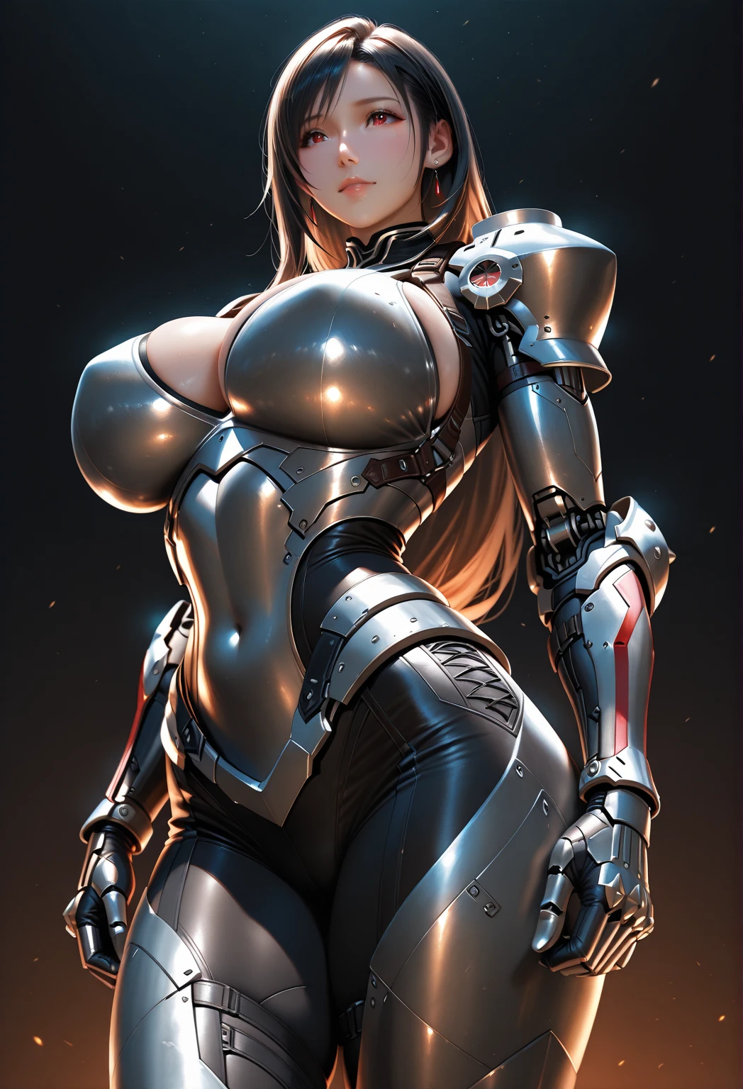 female robocop solo、rough skin, Super detailed, advanced details, high quality, 最high quality, High resolution, 1080p, hard disk, beautiful,(cyborg),(Missiles from the chest),(Machine gun from both hands),beautifulcyborgの女性,メカcyborg少女,battle mode,Mecha body girl,彼女は武器を持ったバトルcyborgメカを身に着けています,full body armored、chest armor、full body shot、luscious lips, (smoky eye makeup:0.85), (big and full breasts:1.5)、,serious expression