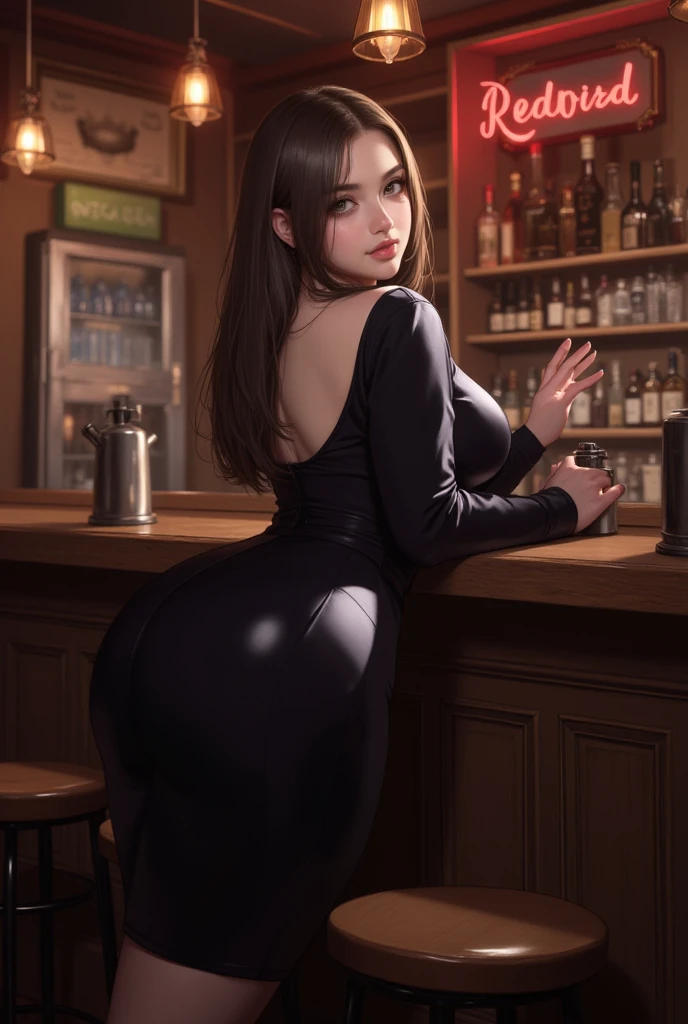 1lady(((anne Hathaway:Selena Gomez:0.7))) solo, /(looking back from behind/), mature female, /(pencil dress/), /(brown hair/) bangs, blush kind smile, (masterpiece best quality:1.2) delicate illustration ultra-detailed, arms down, thigh, /(bar counter night/), sexy buttock, visible panty, huge buttock, Heavy bottom, big ass, open legs, seductive, voluptous, very huge , exposed ass, perfect view of ass, exposed body, sex position, black panty