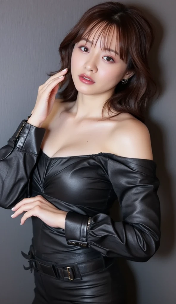 30 generations of knowledgeable women,One person、 ((Dark brown bob cut))、Unbuttoning her light blue striped collared blouse、Arms behind head、Earrings、necklace、((85cm bust))、Cleavage、highest quality,masterpiece,Ultra-high resolution,(Actual:1.4),Original photo,Ultra-high resolution,8k,There are women,Fair skin,Exquisite makeup,Red lips、Sitting on the sofa、Sexy pose