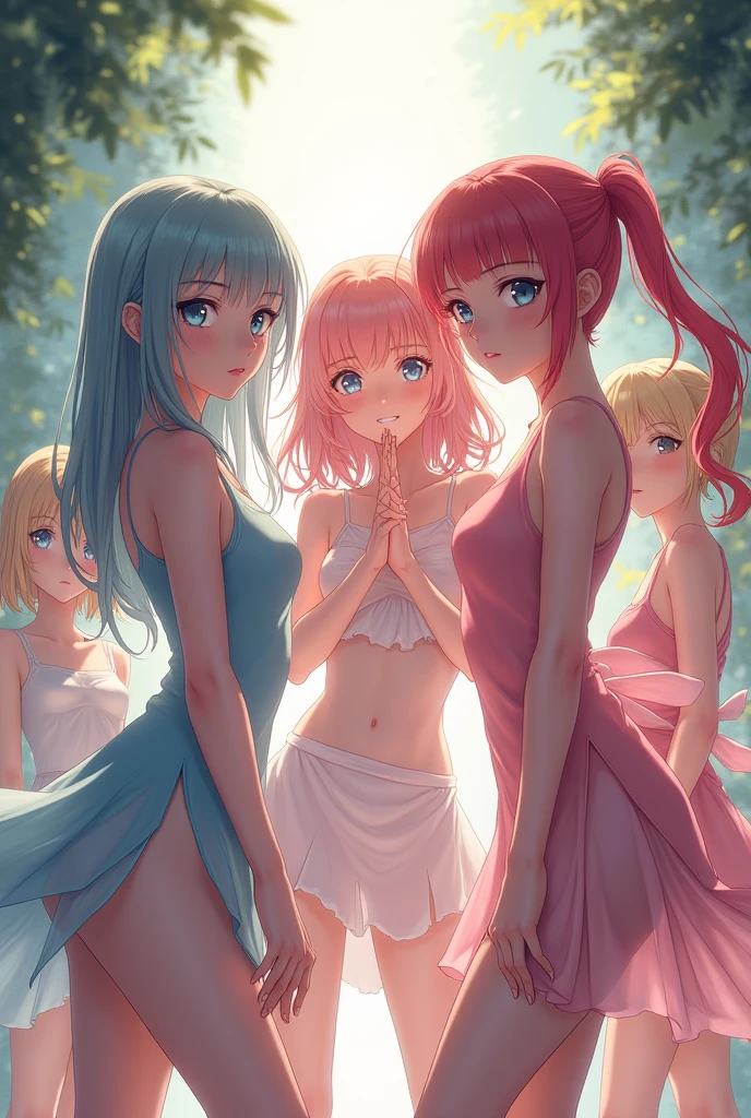 two innocent girls、Children and adults、2 people(One with pink hair、1 name light blue hair)、cute face、beautiful eyes、topless、All nude、nipple、beauty of nature、Warm sunshine、wild flowers swaying in the wind々surrounded by、enjoy time in the field。Butterflies and birds fly around her、Add a playful atmosphere。