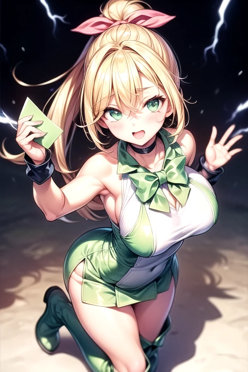 Super detailed、Highest quality、Best image quality、masterpiece、8k、(Rear View:1.5)、(Cammy)、Cowboy Shot、(shoulder-length blonde hair、Medium Long Hair)、(laugh:1.3、Open Mouth) 、(cheerful)、(tareme)、(tareme)、(big eyes)、(Beautiful shining eyes)、(High Detail Anime Eyes)、(puffy eyes)、(Big Tits:1.5)、((SFW Huge Body))、(Green high leg leotard、thigh-high socks thighhighs)、(Fighting Pose:1.5)、hat