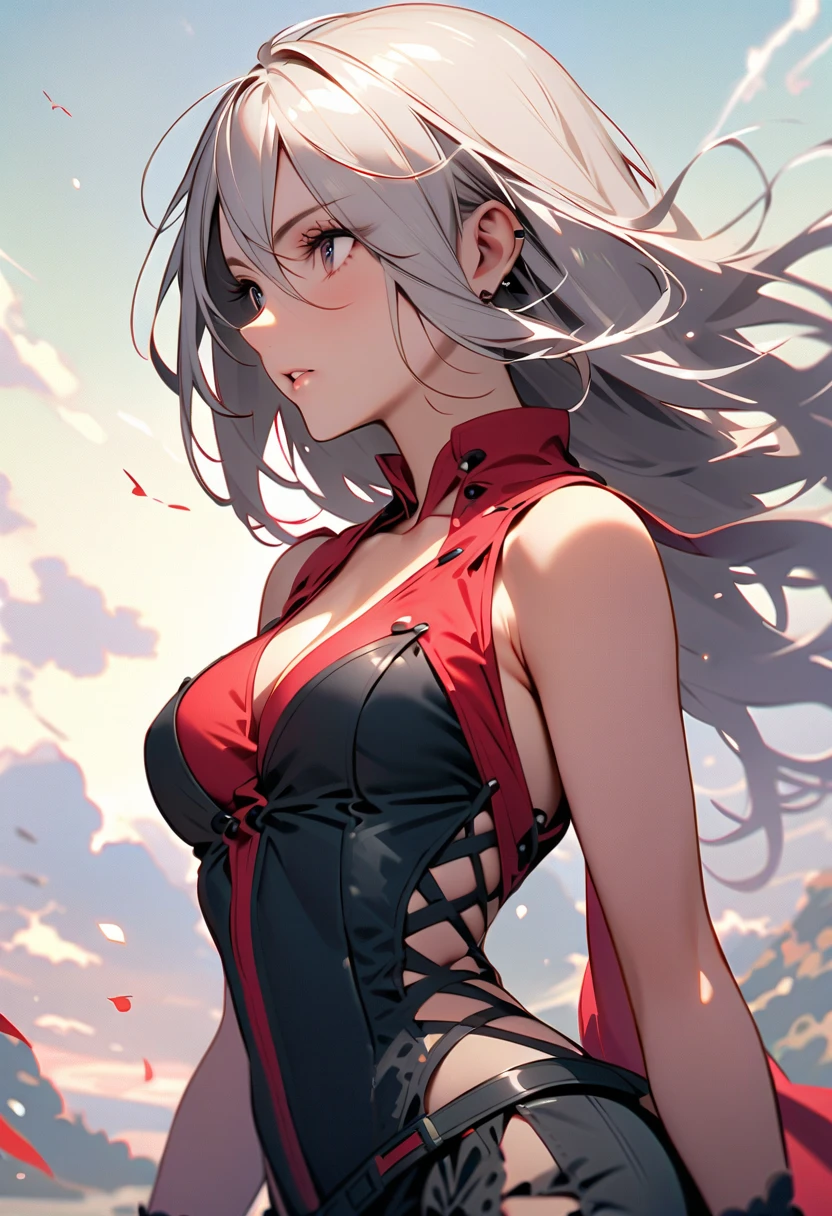 (Image from chest up:1.4)((masterpiece:1.5,Highest quality,Beautiful images、Realistic、2.5D、Artistic、Portraiture))(1girl, 独奏)(medium breasts, Silver Hair、long hair、Beautiful cleavage、sideboob、Exposing shoulders、Tattoo on shoulder)(横顔のPortraiture,Gaze sideways、Gaze diagonally、Shake your head、A sad expression, floating hair)(Monotone Abstract Background)((from diagonally forward:1.3)),Landscape,((outfit-inori,Monotone costumes))