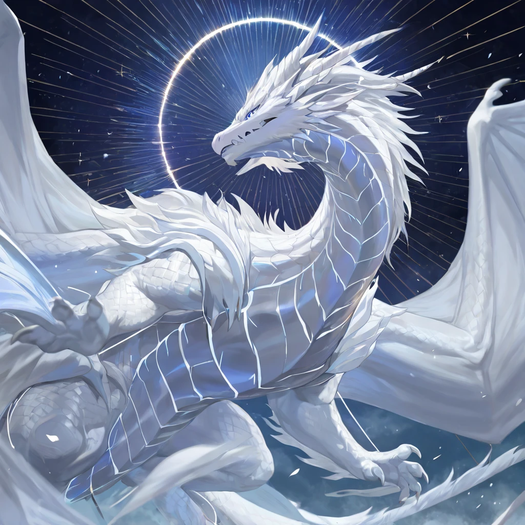 crystalline white dragon with friendly and soft features with a circle of silver energy between the two white horns and paws with sacred geometry shining in sky blue