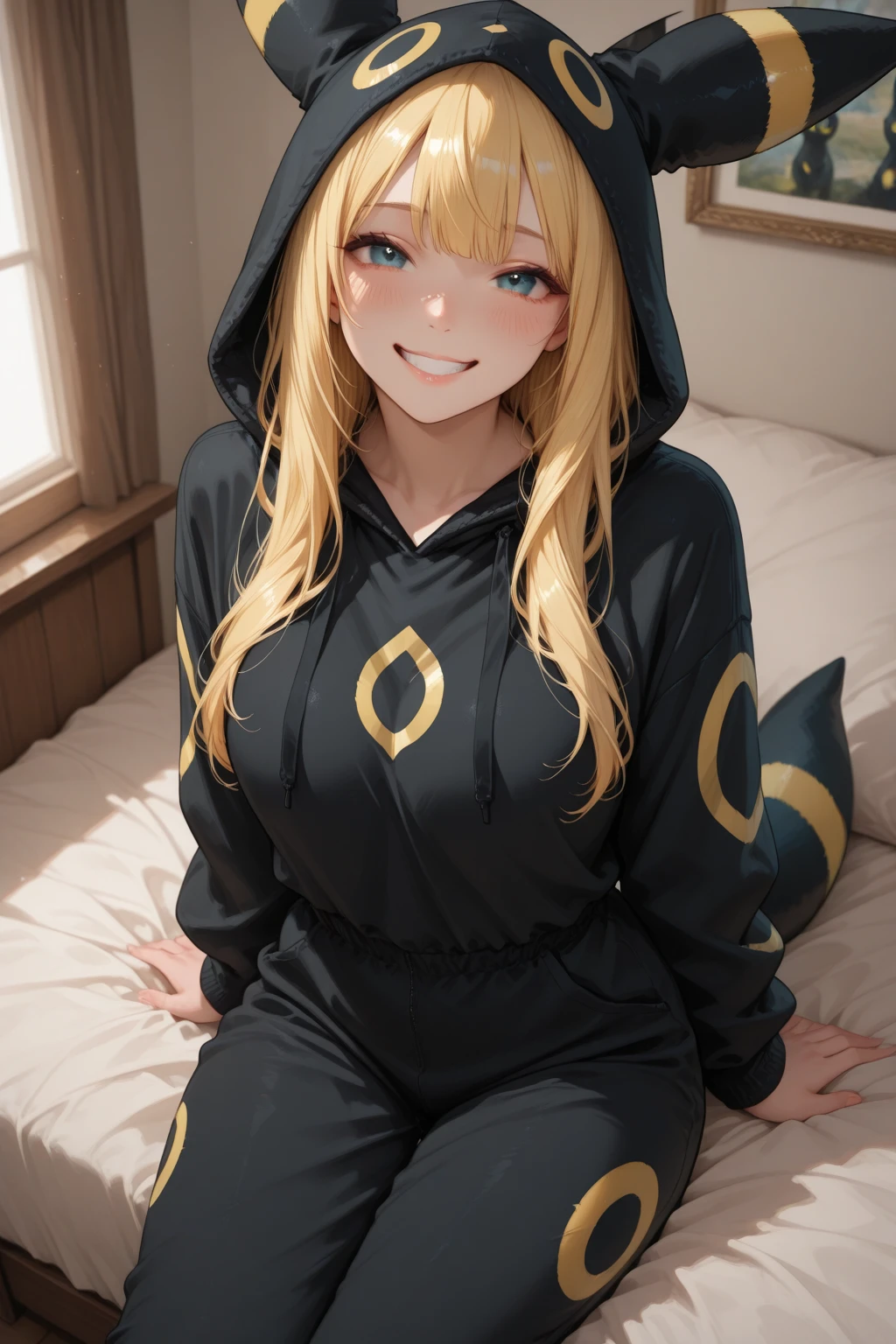 Draw a girl anime version light skin tone blonde hair,honey colored eyes moon knight sweatshirt ,in thin white thong underwear