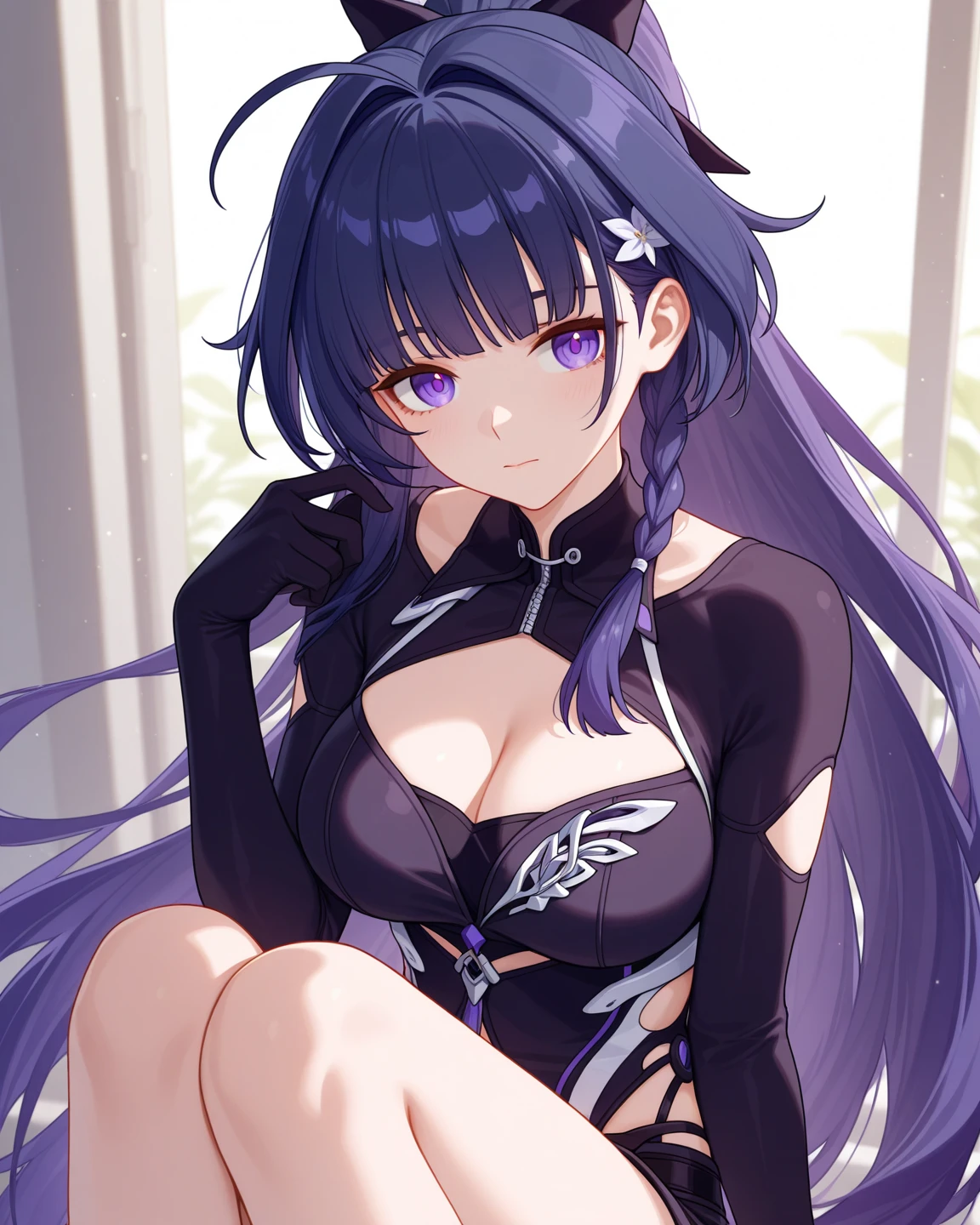 lacus4, (custom purple and black body painting, high-heeled boots, arm band, neck band), (masterpiece, leaning against a dirty brick wall, one arm resting on the wall, slim shoulders, 8K, Best Quality, Realistic style: 2.0, Emi Fukuda, solo, Female Mature, (ultra detailed head), (urban alleyway, dark night), Drawing lines, high resolution, lacus4), 1girl, solo, curvy figure, Long black hair, clavicle, scapular, (Detailed wide hair bangs, hair ornament, Detailed black hair, shiny streaks, slim arms),