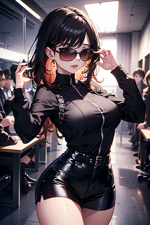 ((Highest quality)), ((masterpiece)), (detailed),Perfect Anatomy,In the city where buildings stand side by side,Night Scenery,A very cute, baby-faced, black-haired woman,((Highest quality, 8k, masterpiece: 1.3, )),A woman with very small breasts,Well-proportioned, slim body,Long, slender legs,Long, thin hands, detailedな顔, detailedな肌, fine grain, detailedな唇, detailedな舌, detailedな指, Mouth detailed, Beautiful teeth alignment,Realistic, High resolution, Natural light, Dynamic pose,Toned Legs, double eyelid, Tear bags, Round eyes, Moisturized lips, School classroom,Black leather collar,Wearing a black leather jacket,A black leather jumper with a wide open chest,Nipples are hidden 1.4,Naked under his black leather jacket,No bra,Wearing a very short black leather miniskirt,A glimpse of her white panties,Black leather belt at waist,