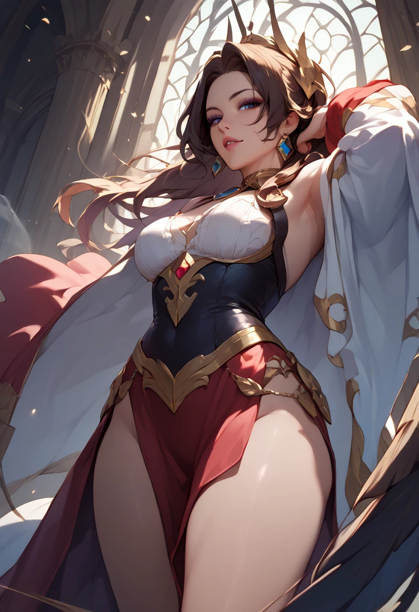 (((((middle age woman))))), masterpiece, ultra detailed, 8k portrait, RAW photo, portrait photography, highly detailed face, beautiful and meticulous eyes, ((Fantasy)), (((cool middle aged face))), grin, (((narrow eyes))), Adult beautiful, 32 years old, Tight eyes, dynamic pose, (((long dark hair))), (((Messy bun hair, Cornrows))), (((Brown skin color))), Luxury, ((white separate bikini bra)), ((shorts)), (((transparent white silk long cape))) fluttering in the wind, (((sandal))), ((gold circlet)), wearing lot of many accessory, ((lift up giant spear)), neckline, Midday Sun, hyper realistic, athletic body, beautiful real sculptural body, Small breasts, Beautiful breasts, Long legs, in the sea side southern kingdom, Ambient lighting, Shadow details , Camera focus on thigh, strong breeze, Light fog