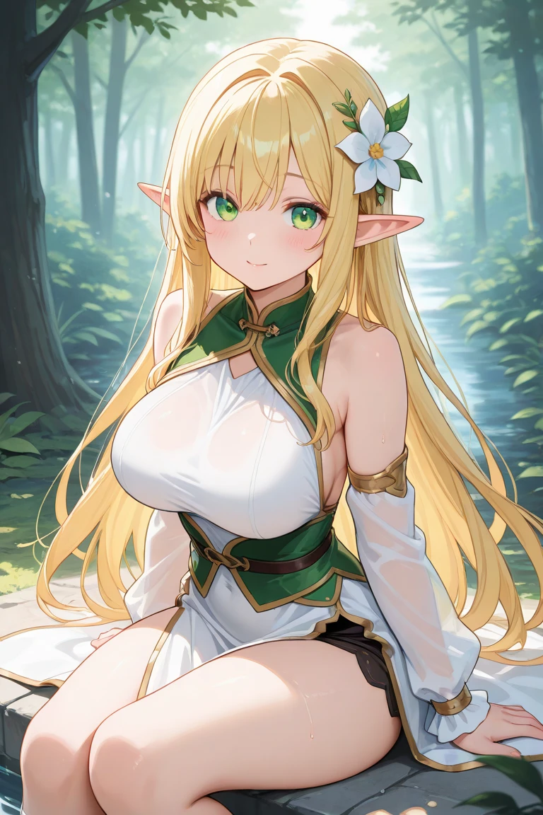 Emilia re:zero, purple eyes, Emilia, crown braid, x hair ornament, flower hair ornament, white hair, long hair, medium breasts, braided hair, hair over shoulder, twig crown with flowers, orange eyes, pointed ears, brown collar, bare shoulders, cleavage, green puffy detached sleeves, green slit dress, brown boots, brown underwear